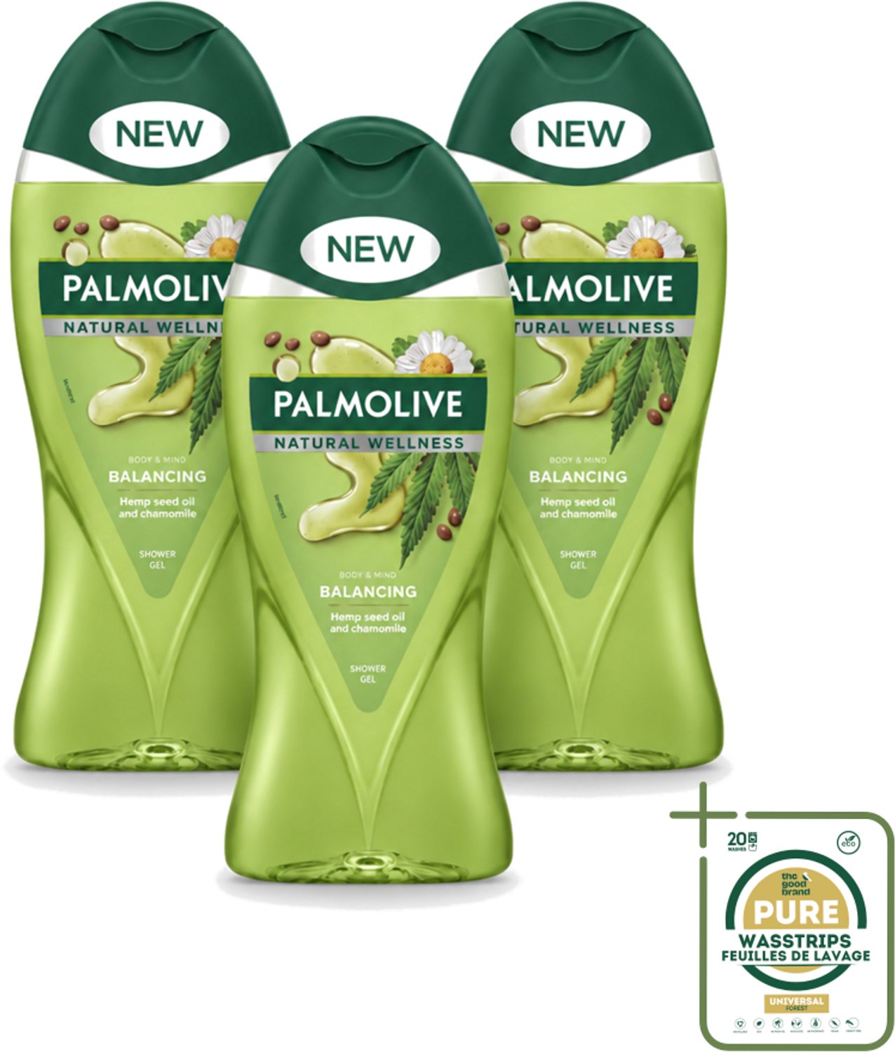 3 x Palmolive - Natural Wellness - Douchegel - Balancing - Ontspannend & Fris - 250 ml - Wasstrips - Douchegel - Ontspanning - Wellness - Balans - Cannabiszaadolie