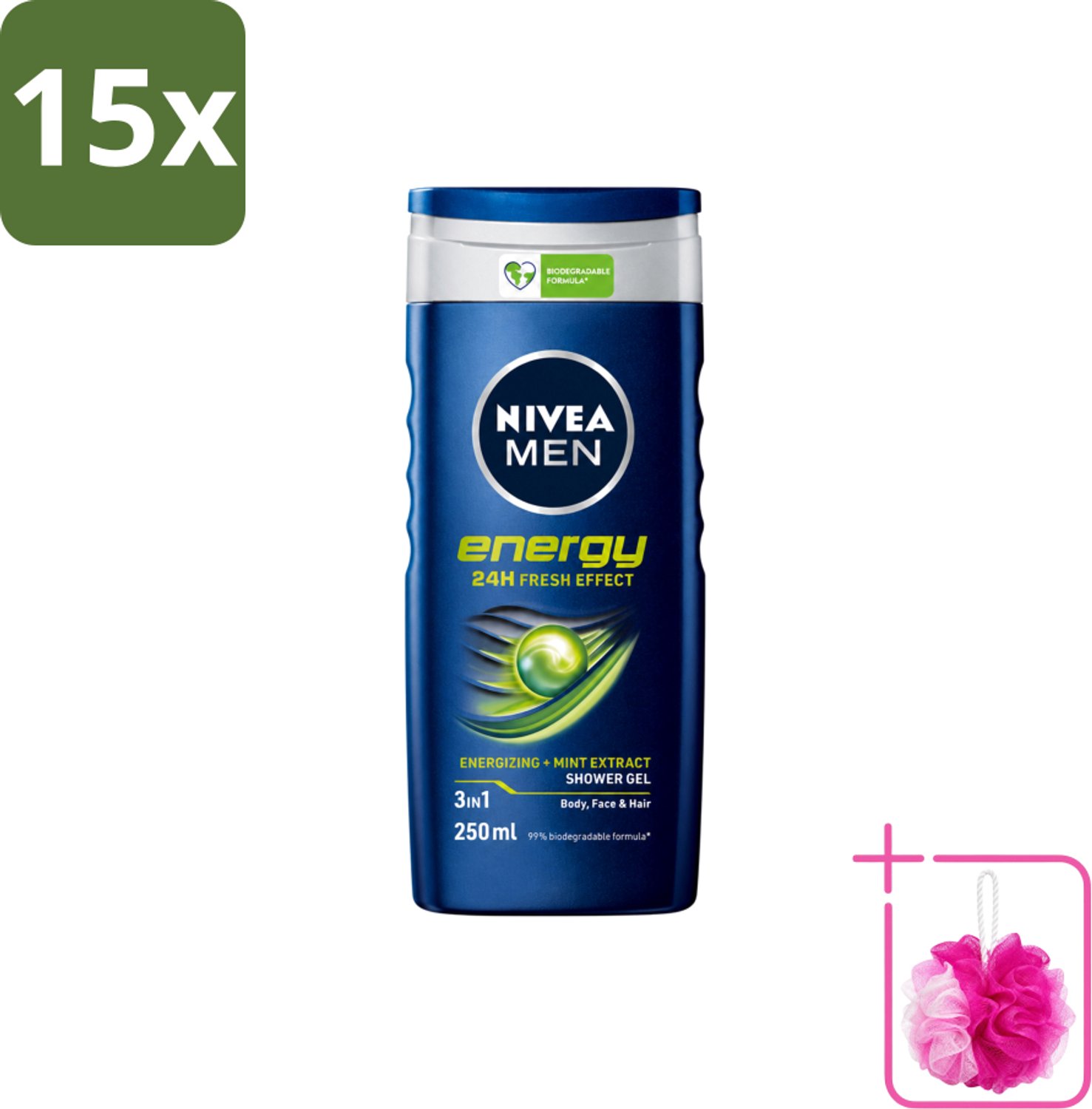 15 x Nivea - Men - Energy Douchegel - Langdurig Fris Gevoel - 250 ml - Bulkverpakking - Douchegel voor mannen - Douchemop - Energieboost