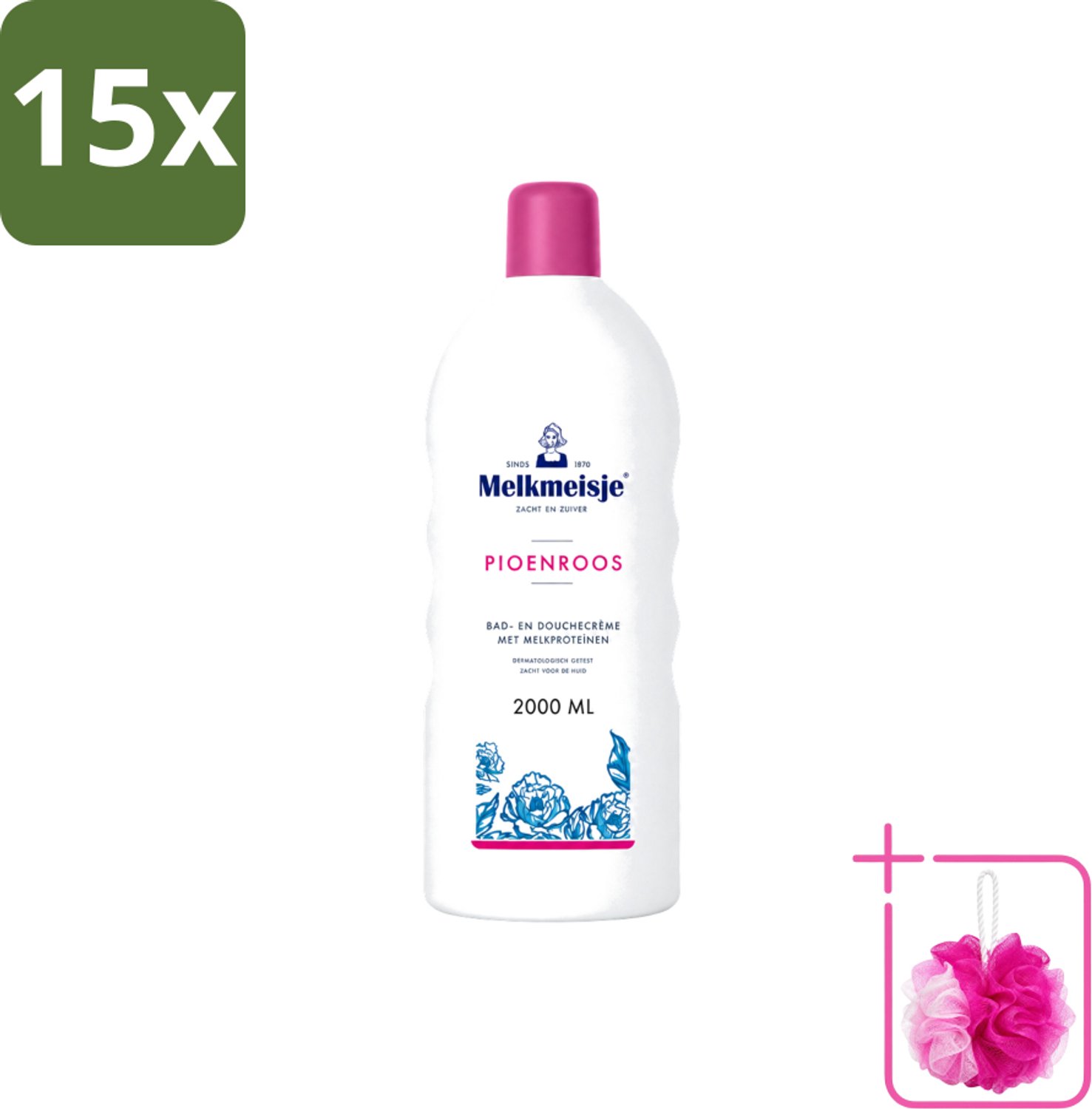 15 x Melkmeisje - Bad & Douche - Pioenroos Geur - Verzorgend & Hydraterend - 2000 ml - Bulkverpakking - Douchecrème - Douchemop - Melkmeisje