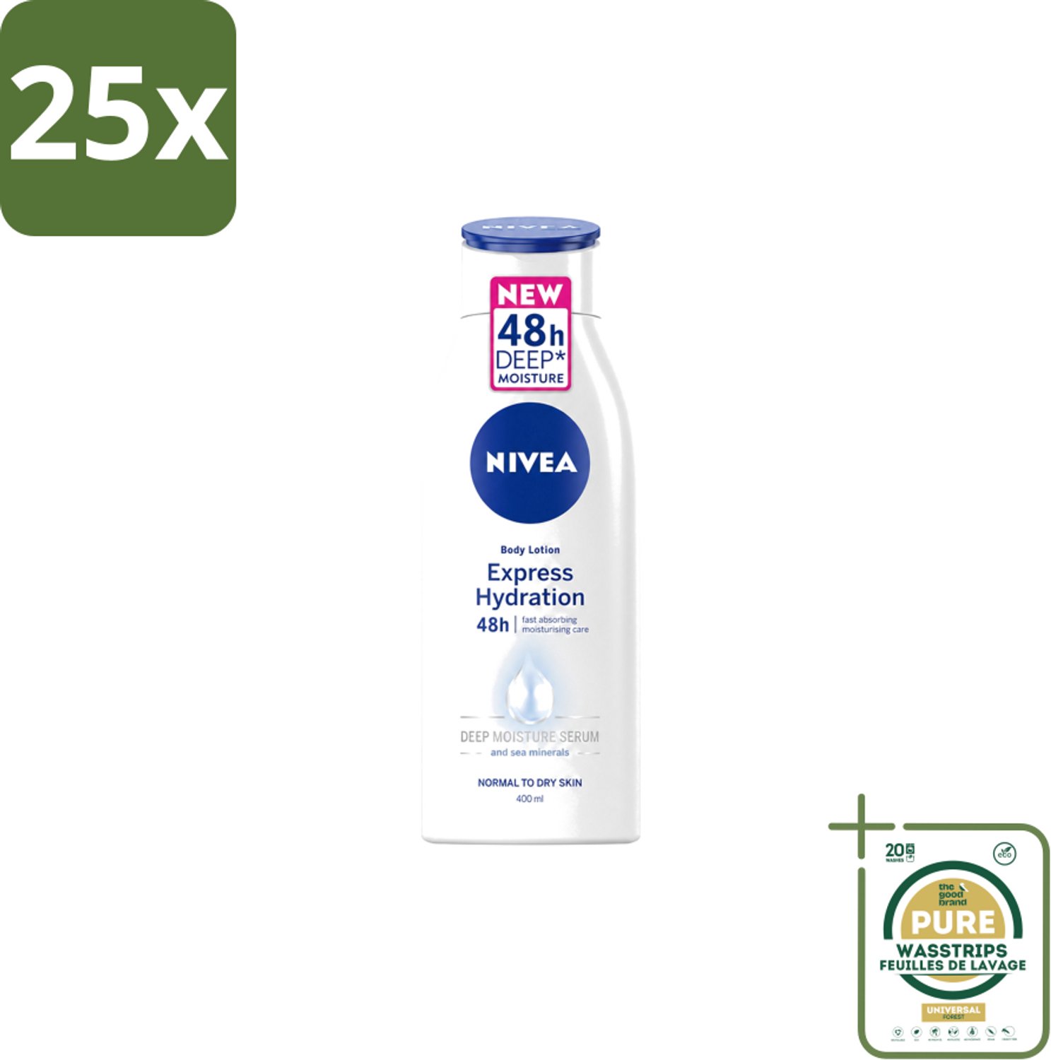25 x Nivea – Bodylotion – Express Hydration 48H – 400 ml - Wasstrips - Bodylotion - Hydratatie - Huidgevoel - Vocht - Uitdroging