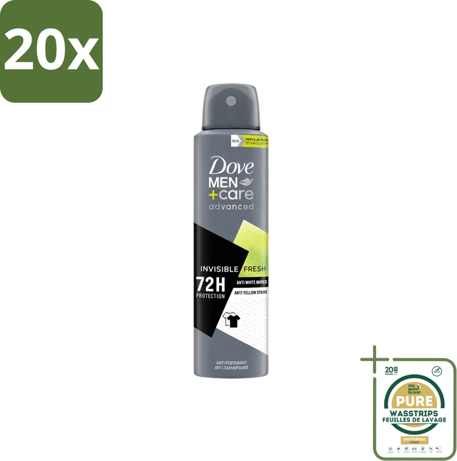 20 x Dove Men+Care – Deodorant Spray – Advanced Invisible Fresh – 150 ml - Wasstrips - Deodorant Spray Voor Mannen - Geur Tegen Zweet - Verzorging Okselhuid - Frisheid - Zweetgeur