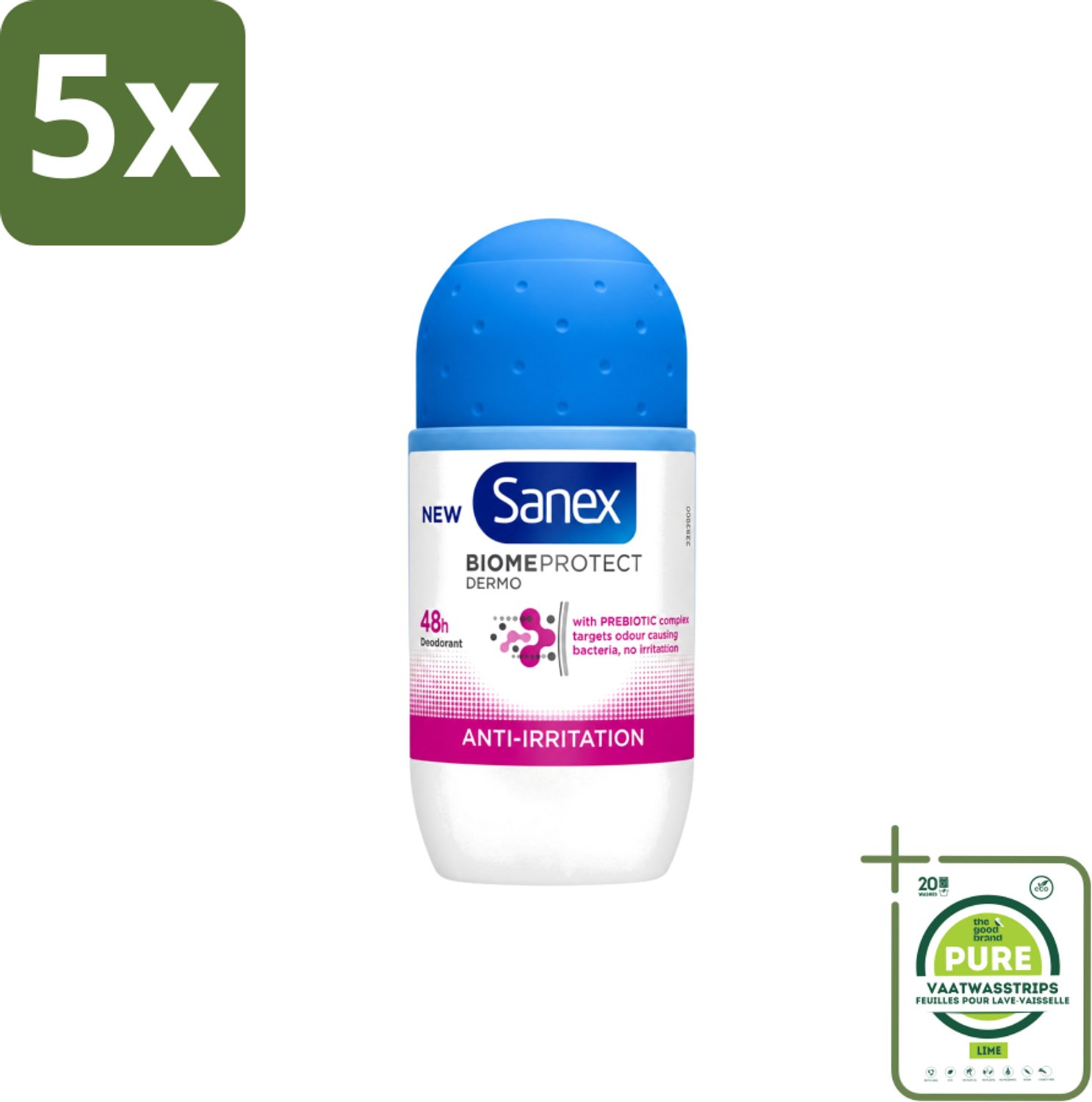 5 x Sanex – Deo Roll-on – BiomeProtect Dermo Anti-Irritation – 50 ml - Grootverpakking - Vaatwasstrips - Gevoelige Huid - Anti-irritatie - Deodorant Roller - Huidmicrobioom - PH Balans