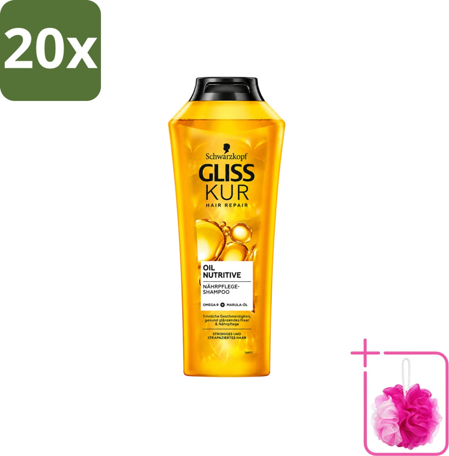 20 x Gliss-Kur - Shampoo - Oil Nutritive - Voedende Shampoo - Voor Stroef & Gespannen Haar - 400 ml - Bulkverpakking - Voedend shampoo - Douchemop - Stroef haar