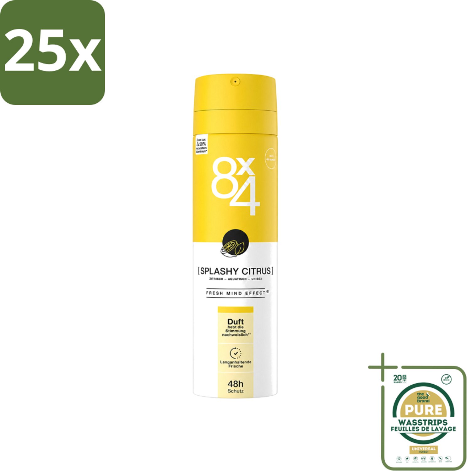 25 x 8 x 4 Deospray - Splashy Citrus - Deodorant - Citrusgeur - 150 ml - Wasstrips - Citrus Deodorant - Energiegeur - Frisse Geur - Zweetbescherming - Huidverzorging