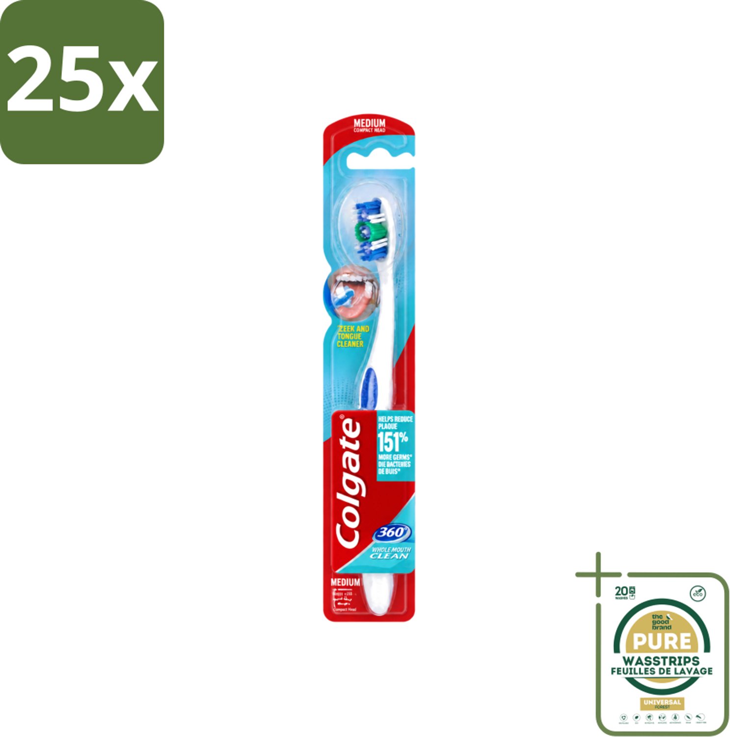 25 x Colgate - Tandenborstel - 360 Whole Mouth Clean Medium - Wit/Blauw - 1 Tandenborstel - Wasstrips - Tandenborstel - Mondhygiëne - Tandenpoetsen - Bacteriën - Tandplak