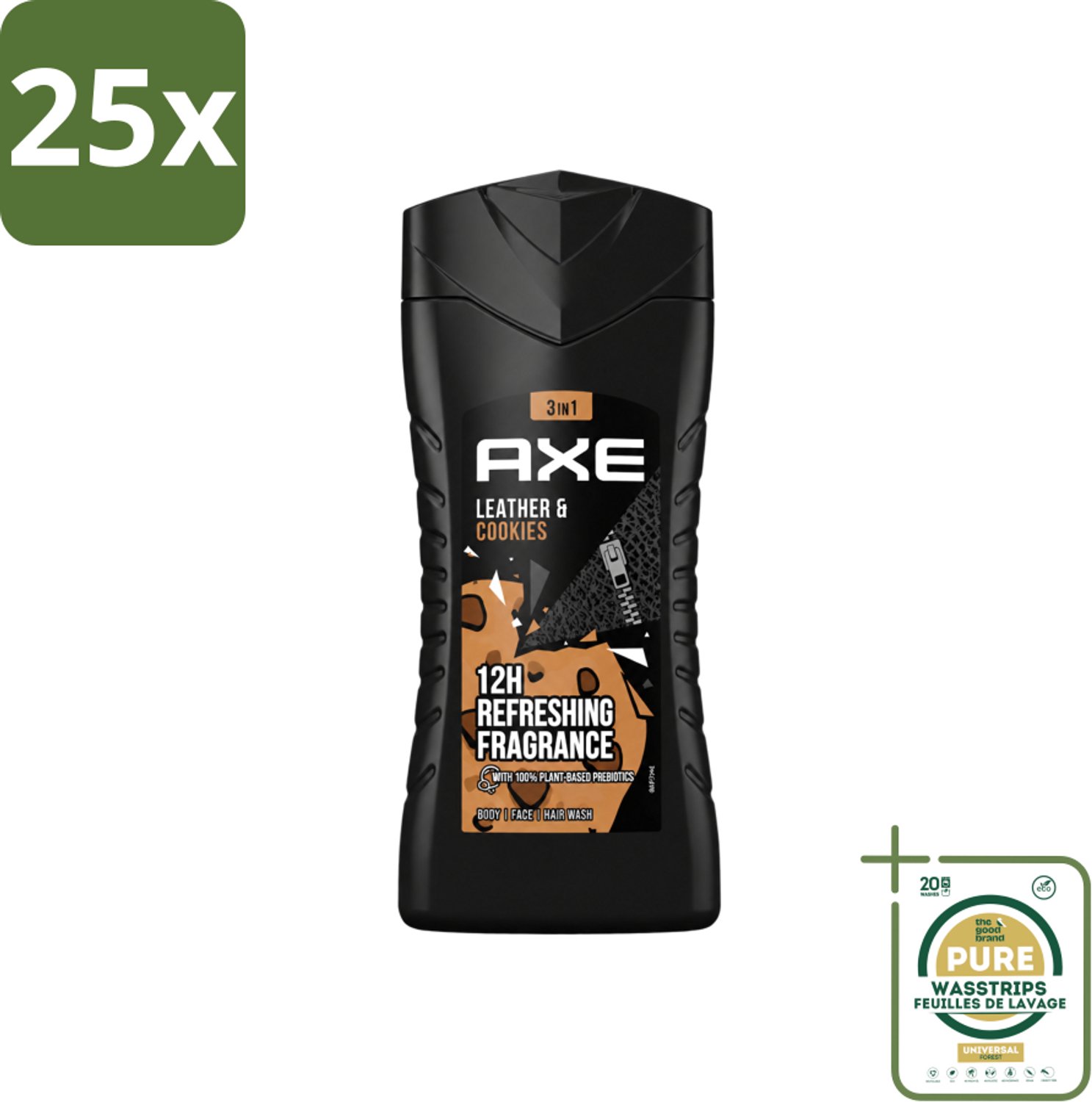 25 x Axe - 3-in-1 Douchegel - Leather & Cookies - 100% Plantaardig - 250 ml - Wasstrips - 3-in-1 Douchegel - Douchegel Voor Lichaam - Douchegel Voor Gezicht - Douchegel Voor Haar - Geur Leer En Koekjes