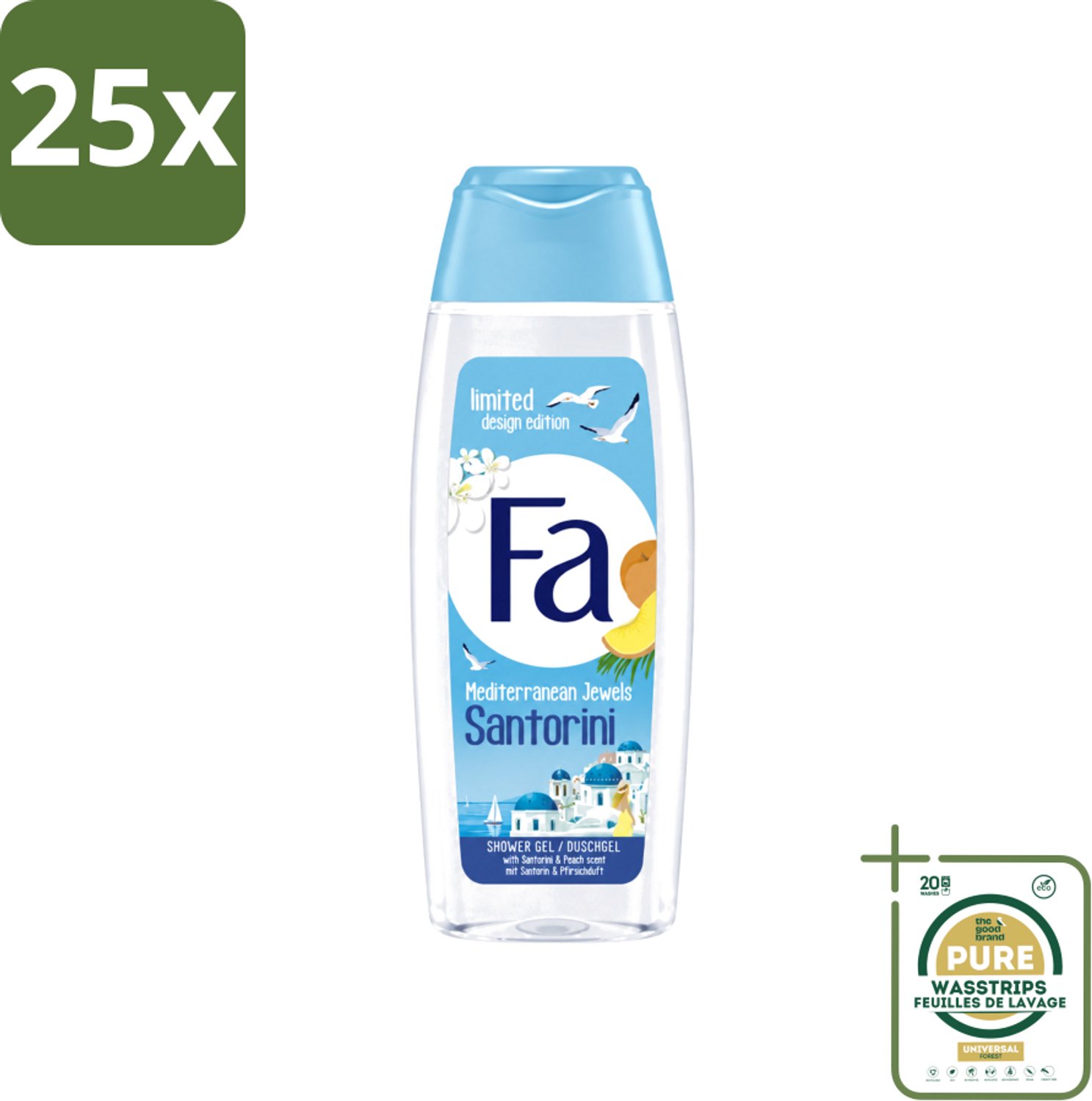 25 x Fa - Douchegel - Mediterranean Jewels Santorini - Verfrissend & Hydraterend - Verzachtend - 250 ml - Wasstrips - Douchegel Santorini - Verfrissend - Hydraterend - Verzachtend - Mediterrane Geur