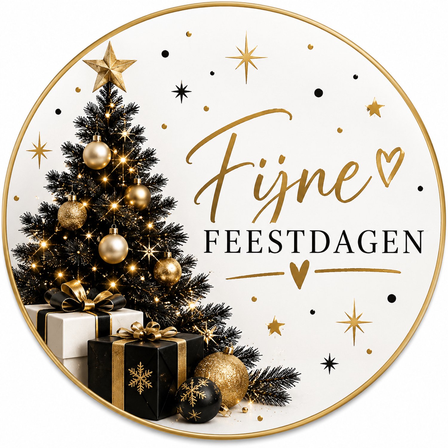 25x Sluitsticker: Fijne Feestdagen Kerstboom Zwart Goud - Kerst labels - Feestdagen - Feest Sluitzegel - Rond - Cirkel - Stickers - Envelop sticker - Feestdagen - Kaart - Cadeau – deco - 40mm - RoNa Design