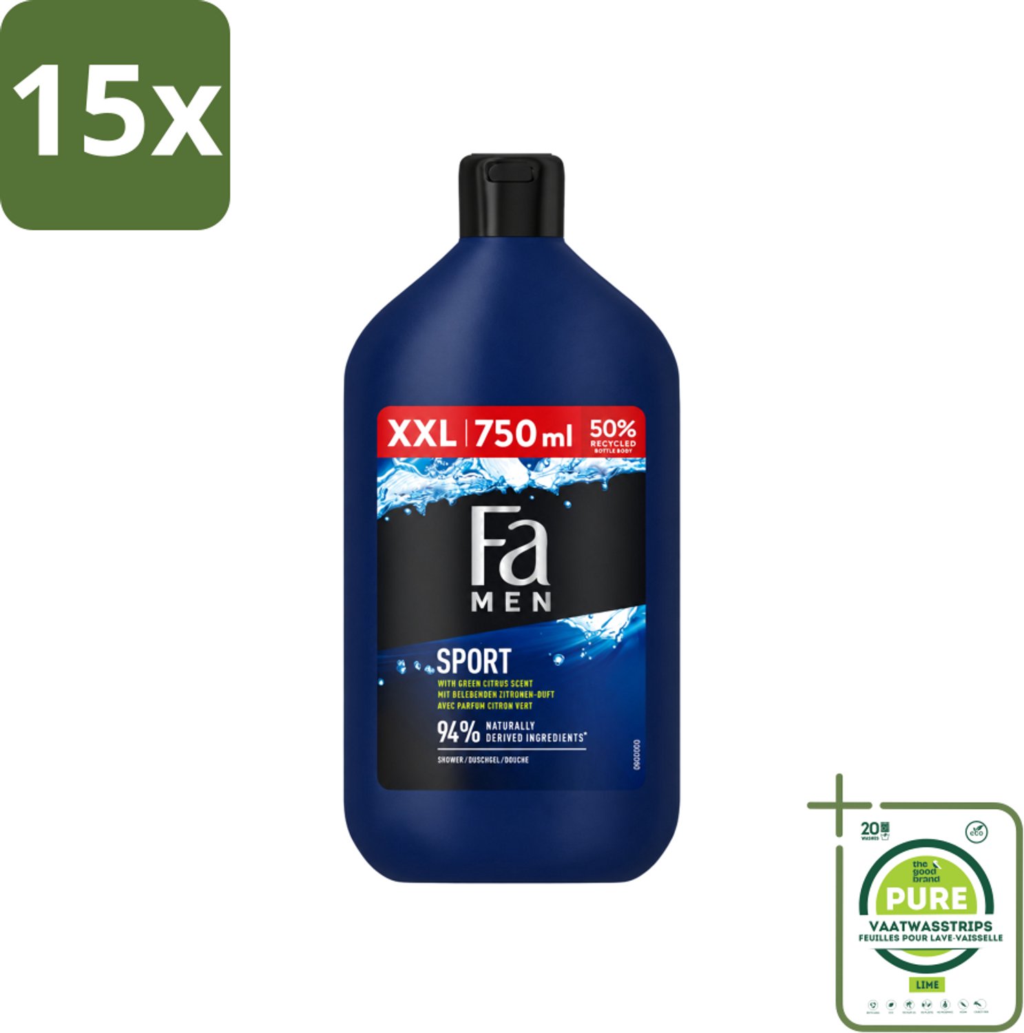 15 x Fa Men - Sport - Douchegel - Groene Citrus - 750 ml - Grootverpakking - Vaatwasstrips - Douchegel Voor Mannen - Sport Douchegel - Groene Citrus Geur - Verfrissende Douchegel - Dagelijks Gebruik