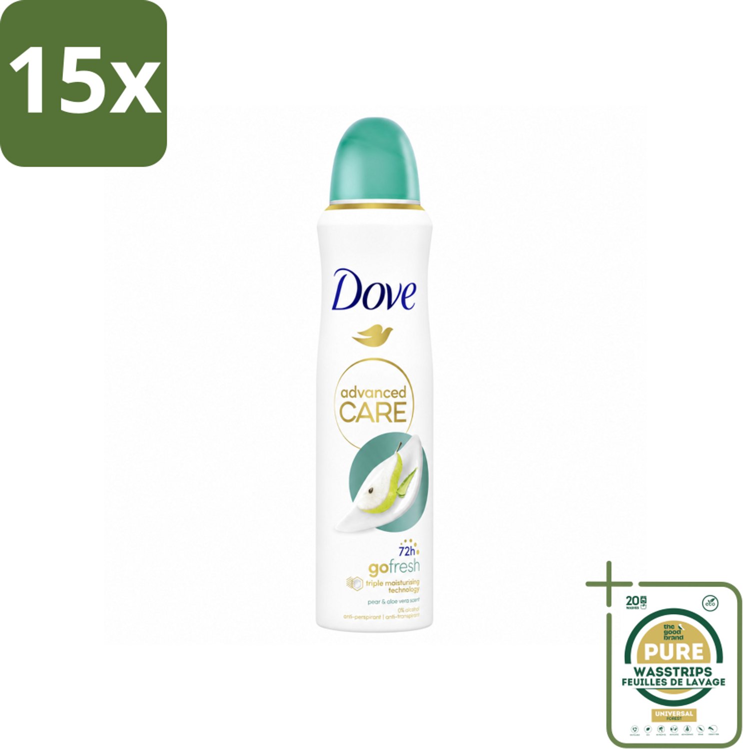 15 x Dove – Deodorant Spray – Peer & Aloe Vera – 150 ml - Wasstrips - Anti-transpirant Spray - Zweetvermindering - Deodorant Spray - Peer En Aloë Vera - Huidbescherming