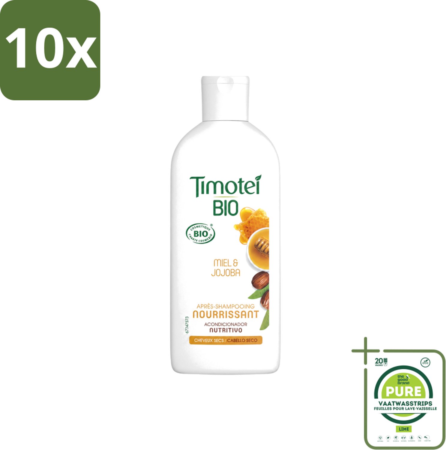 10 x Timotei - Crèmespoeling - Honing & Jojoba - Biologisch - Droog Haar & Droge Hoofdhuid - 250 ml - Grootverpakking - Vaatwasstrips - Crèmespoeling - Droog Haar - Droge Hoofdhuid - Honing - Jojoba-olie
