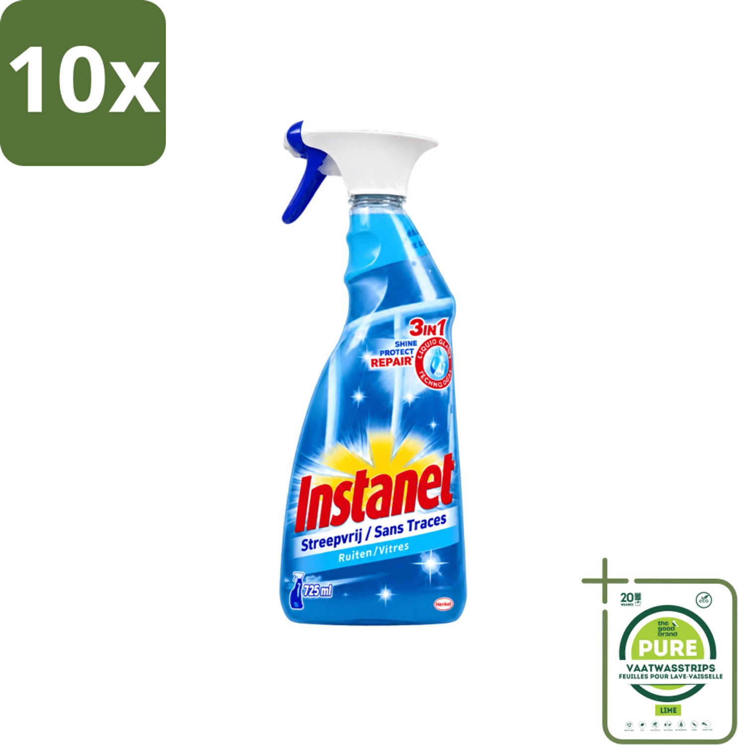 10 x Instanet - Ruitenreiniger - Streepvrij - 3in1 Spray - 725 ml - Grootverpakking - Vaatwasstrips - Ruitenreiniger - Streepvrije Ruiten - Ruiten Reinigen - Ruiten Reinigingsalcohol - 3-in-1 Ruitenreiniger