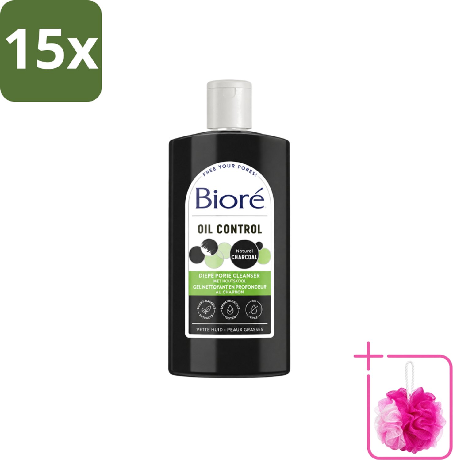 15 x Bioré – Houtskool Reinigingsgel – Gezichtsreiniger – 200 ml - Bulkverpakking - Gezichtsreiniger - Douchemop - Houtskool