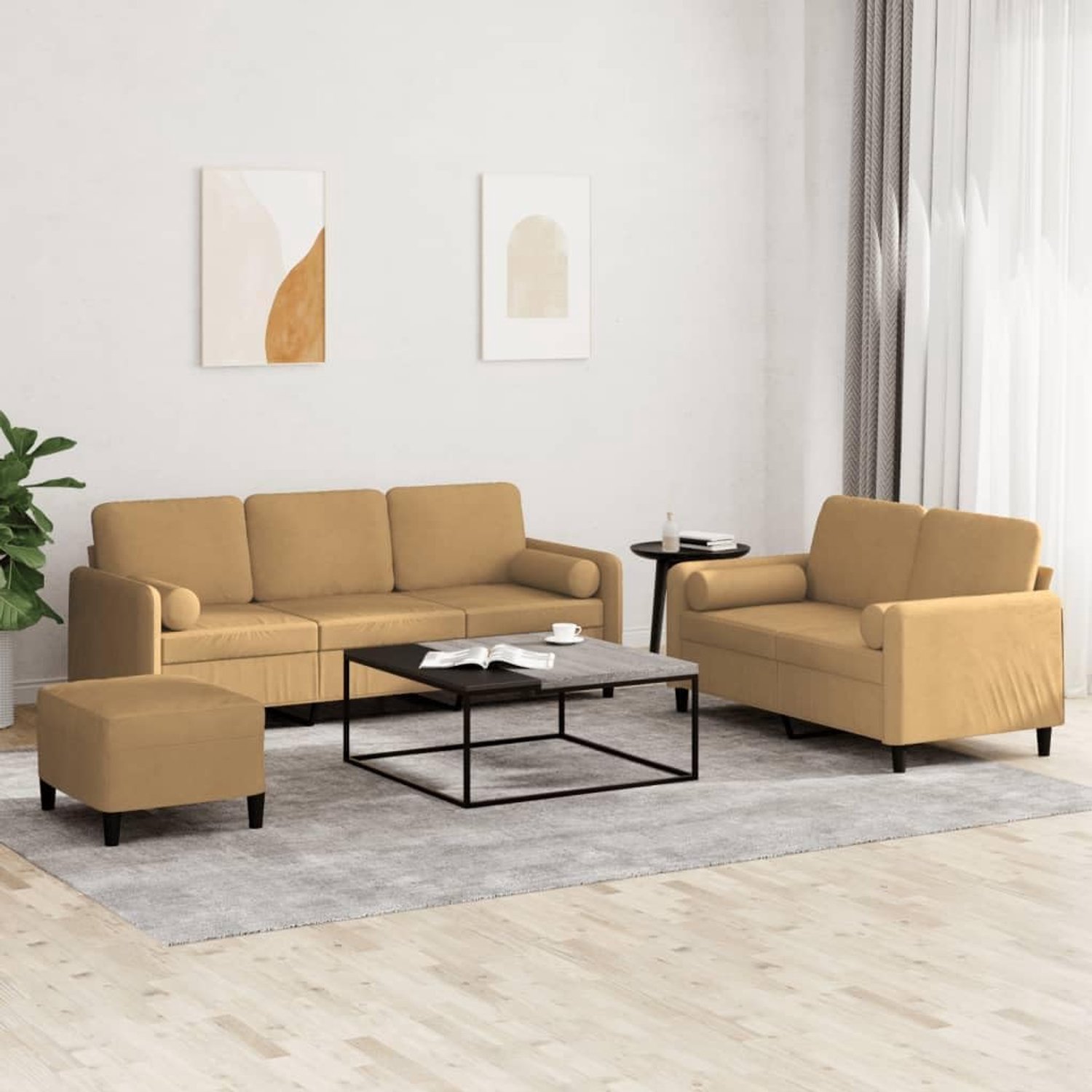 3-delige bankset met kussen, bruin fluweel, zachte velours bankset met robuust metalen frame, comfortabele bekleding en praktische kruk voor woonkamer, eetkamer