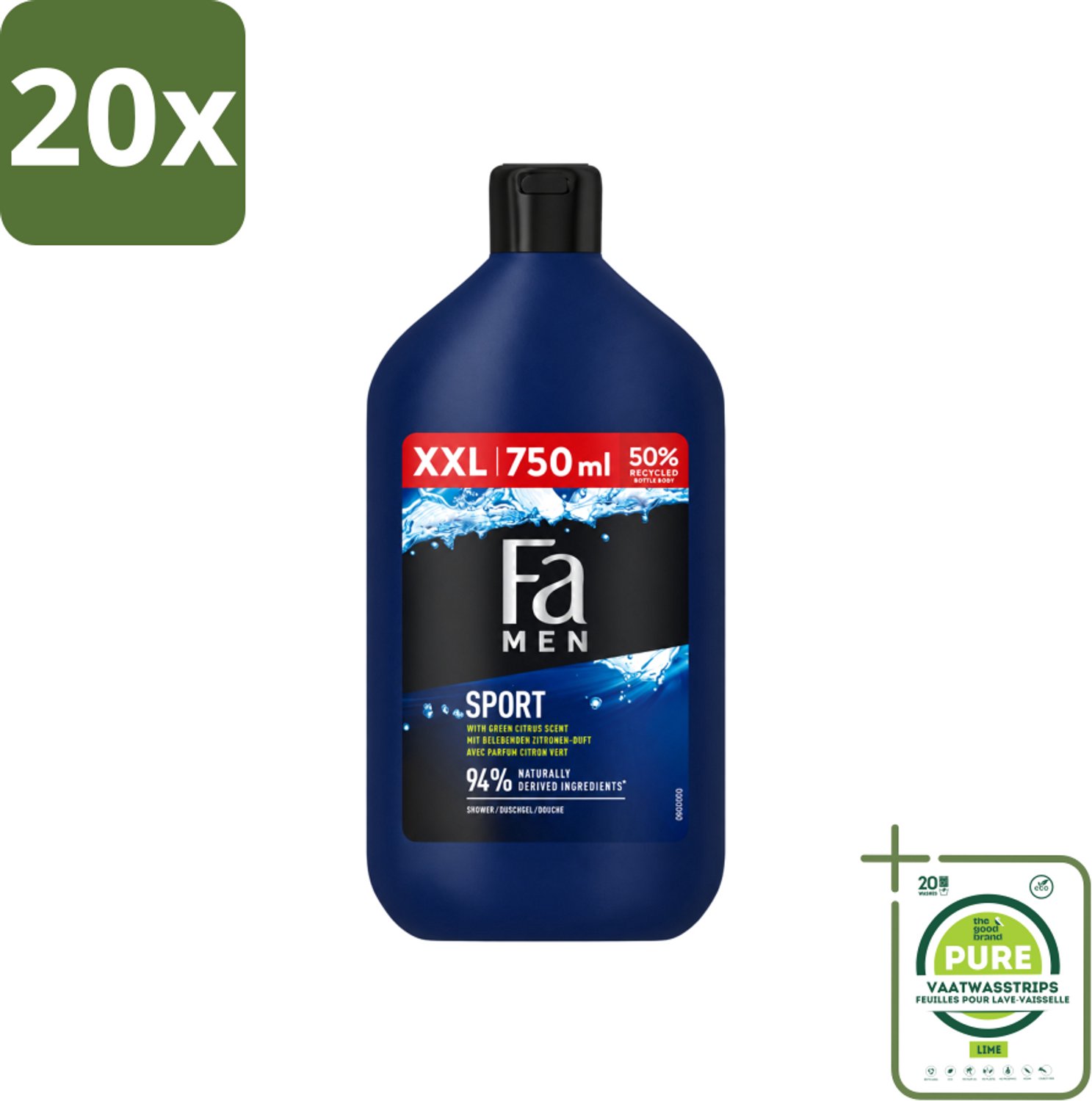20 x Fa Men - Sport - Douchegel - Groene Citrus - 750 ml - Grootverpakking - Vaatwasstrips - Douchegel Voor Mannen - Sport Douchegel - Groene Citrus Geur - Verfrissende Douchegel - Dagelijks Gebruik