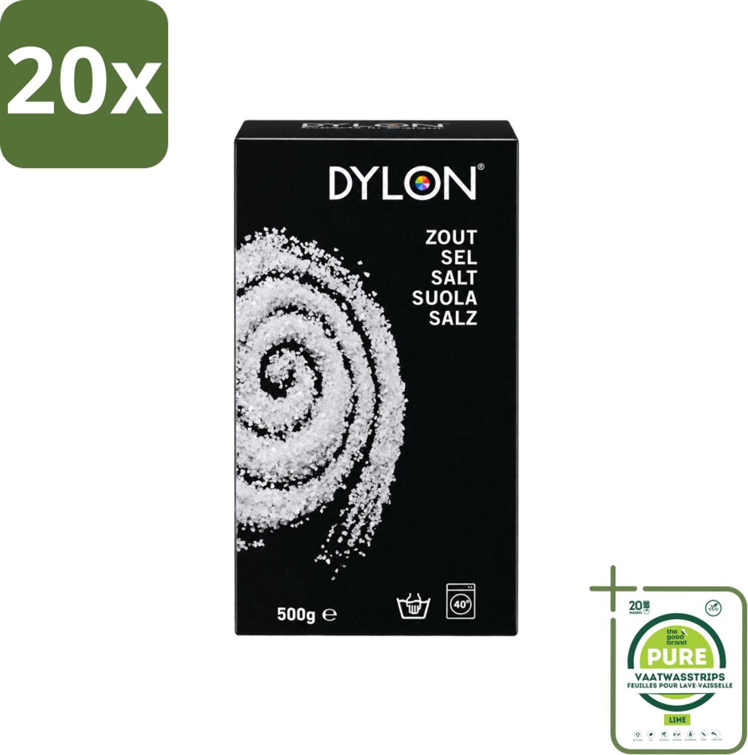 20 x Dylon - Zout - Voor Handwas Textielverf - Optimale Kleurresultaten - 500g - Grootverpakking - Vaatwasstrips - Textielverf - Handwas - Zout - Kleurverf - Kleurresultaat