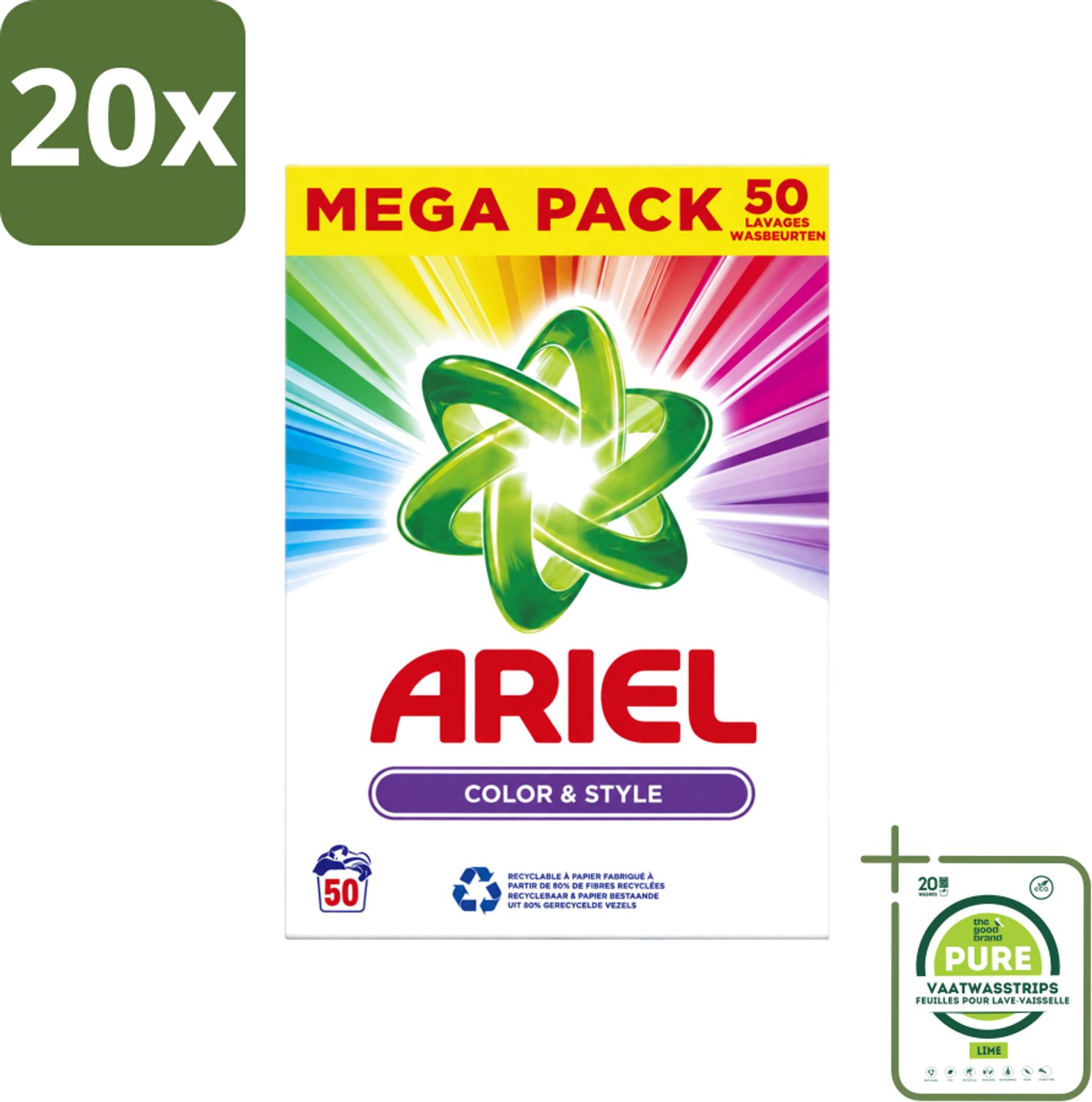 20 x Ariel Color & Style - Waspoeder - Gekleurde Was - 50 Wasbeurten - Grootverpakking - Vaatwasstrips - Kleurverzorging - Waspoeder - Wasmachine - Energiebesparing - Frisheid
