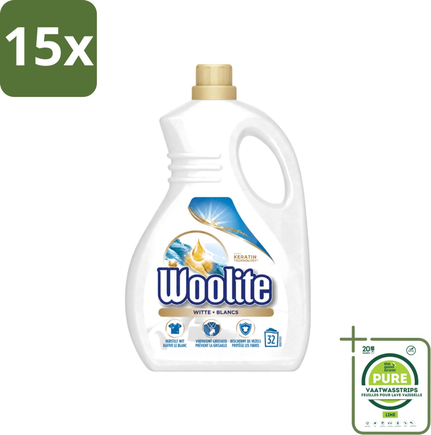 15 x Woolite White - Vloeibaar Wasmiddel - Met Keratine - Witte Was - 32 Wasbeurten - 1,9L - Grootverpakking - Vaatwasstrips - Wasmiddel Wit - Keratine Wasmiddel - Witte Was - Witte Kleding - Wasbeurten