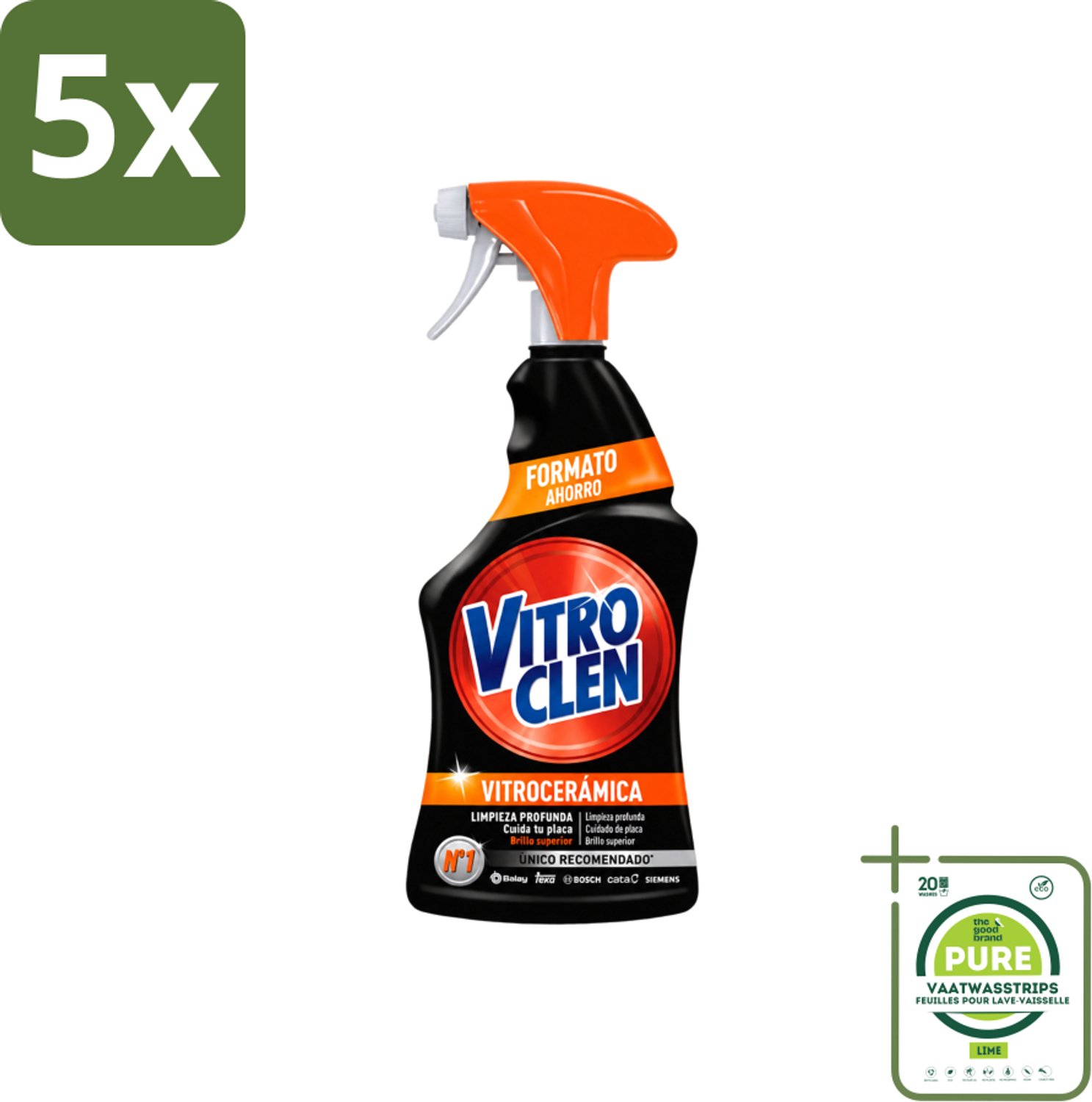 5 x Vitroclen - Keramische Kookplaatreiniger - Spray - 450 ml - Grootverpakking - Vaatwasstrips - Keramische Kookplaat Reinigen - Kookplaat Reinigen - Kookplaat Ontvetten - Kookplaat Beschermen - Kookplaat Glans