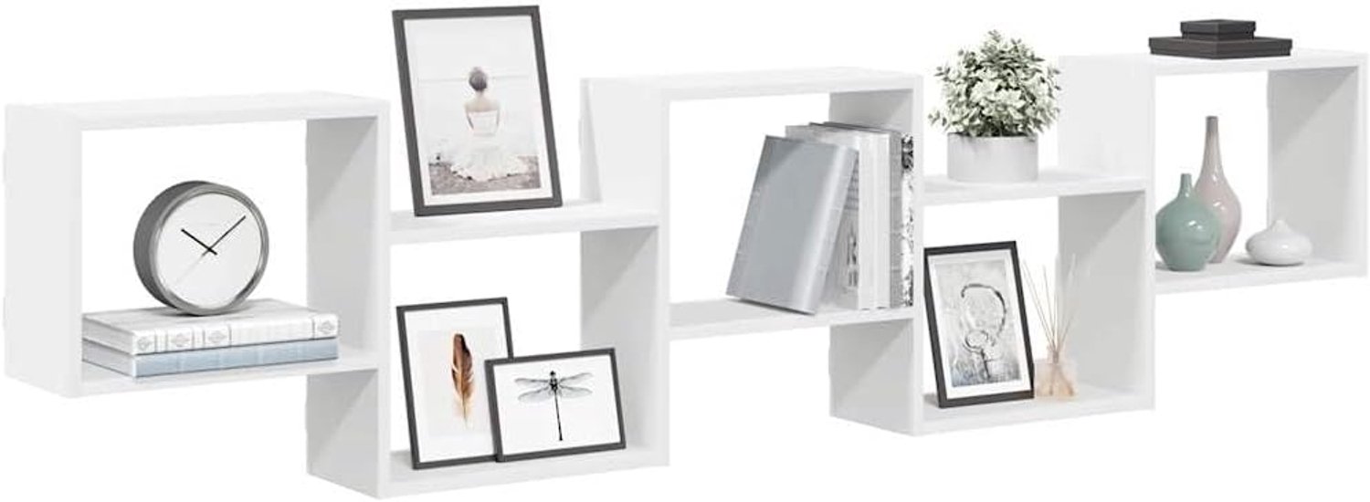 Kubusrek met 5 vakken, wit, houtmateriaal, wandrek met opbergruimte voor woonkamer en slaapkamer, robuust zwevend rek voor wandmontage, met onderhoudsvriendelijk oppervlak