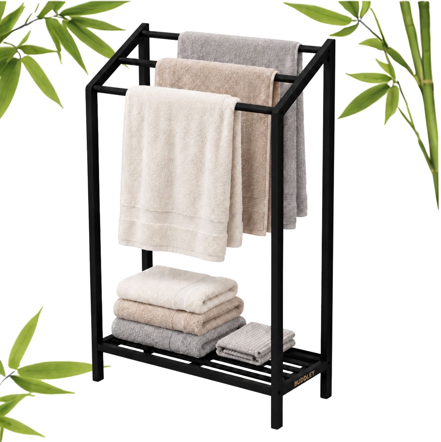 BUDDLEY Handdoekrek Staand met Plank - 3 Stangen - Badkamer - Handdoekenrek - Handdoek Rek - Handdoekhouder Staand - Vrijstaand - Zonder Boren - Extra Breed - Bamboe - 55 cm - Zwart