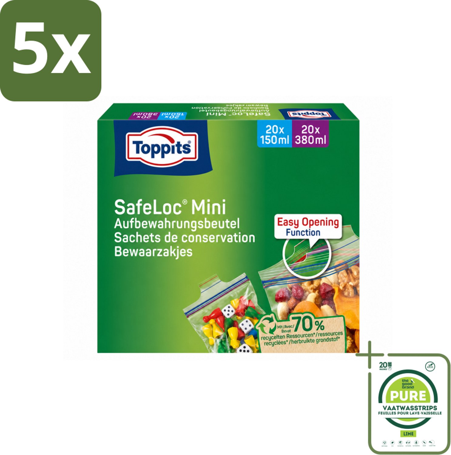 5 x Toppits – Safeloc Mini Zip-Zakjes – 40 Zakjes - Grootverpakking - Vaatwasstrips - Mini Zakjes - Lekvrij - Herbruikbaar - Scheurvast - Droog