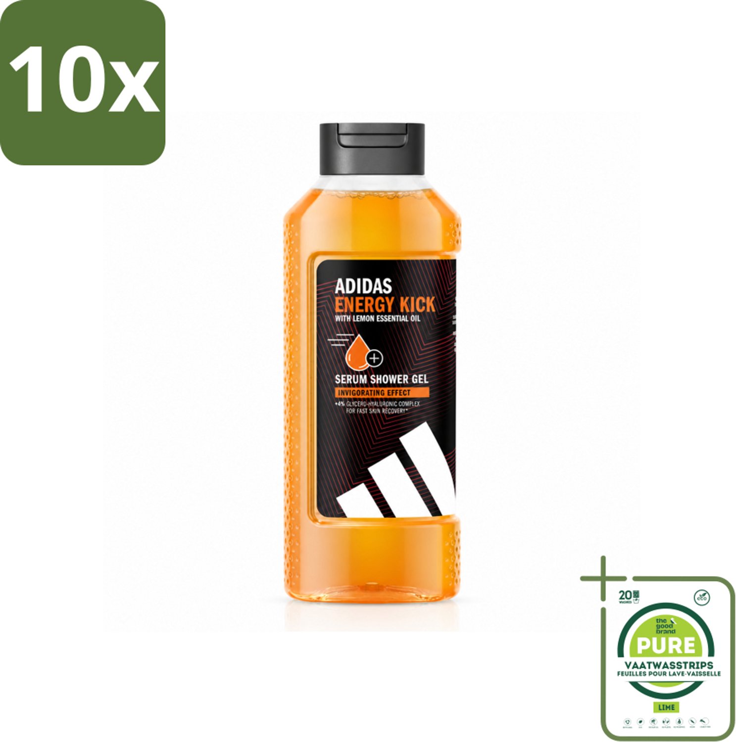 10 x Adidas – Douchegel – Active Skin & Mind Energy Kick – 400 ml - Grootverpakking - Vaatwasstrips - Douchegel - Energie - Frisheid - Huidverzorging - Citroenolie