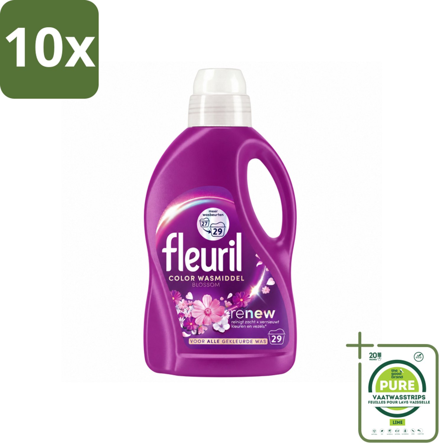 10 x Fleuril – Wasmiddel - Color Blossom – 29 wasbeurten – 1,305 L - Grootverpakking - Vaatwasstrips - Kleurbehoud - Wasmiddel Voor Gekleurde Kleding - Wasmiddel Voor Gekleurde Stoffen - Wasmiddel Met Bloesemgeur - Wasmiddel Voor Delicate Stoffen