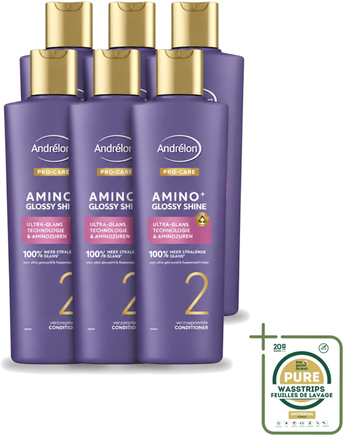 6 x Andrélon – Conditioner – Pro Care Amino+ Glossy Shine – 250 ml - Wasstrips - Haarverzorging - Glans - Aminozuren - Haarconditioner - Zijdezacht Haar