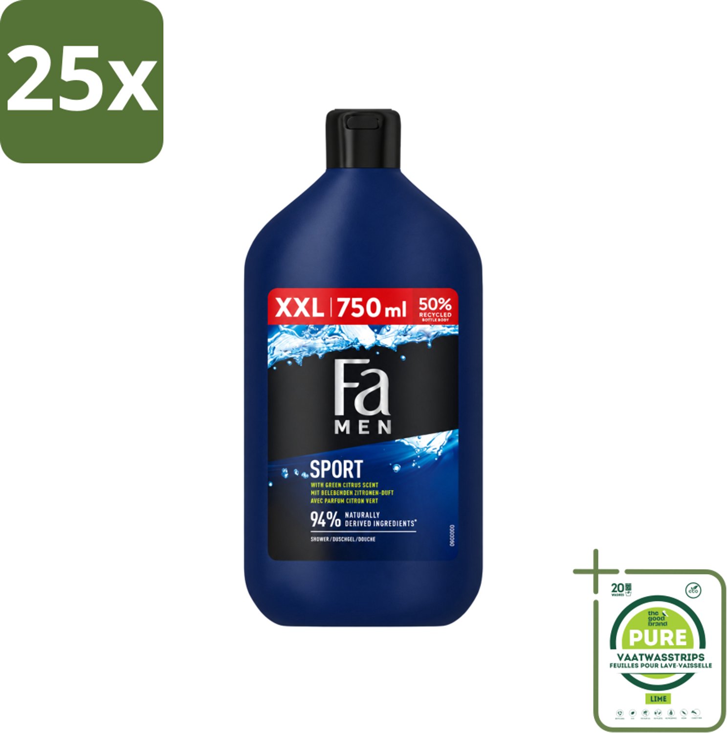 25 x Fa Men - Sport - Douchegel - Groene Citrus - 750 ml - Grootverpakking - Vaatwasstrips - Douchegel Voor Mannen - Sport Douchegel - Groene Citrus Geur - Verfrissende Douchegel - Dagelijks Gebruik