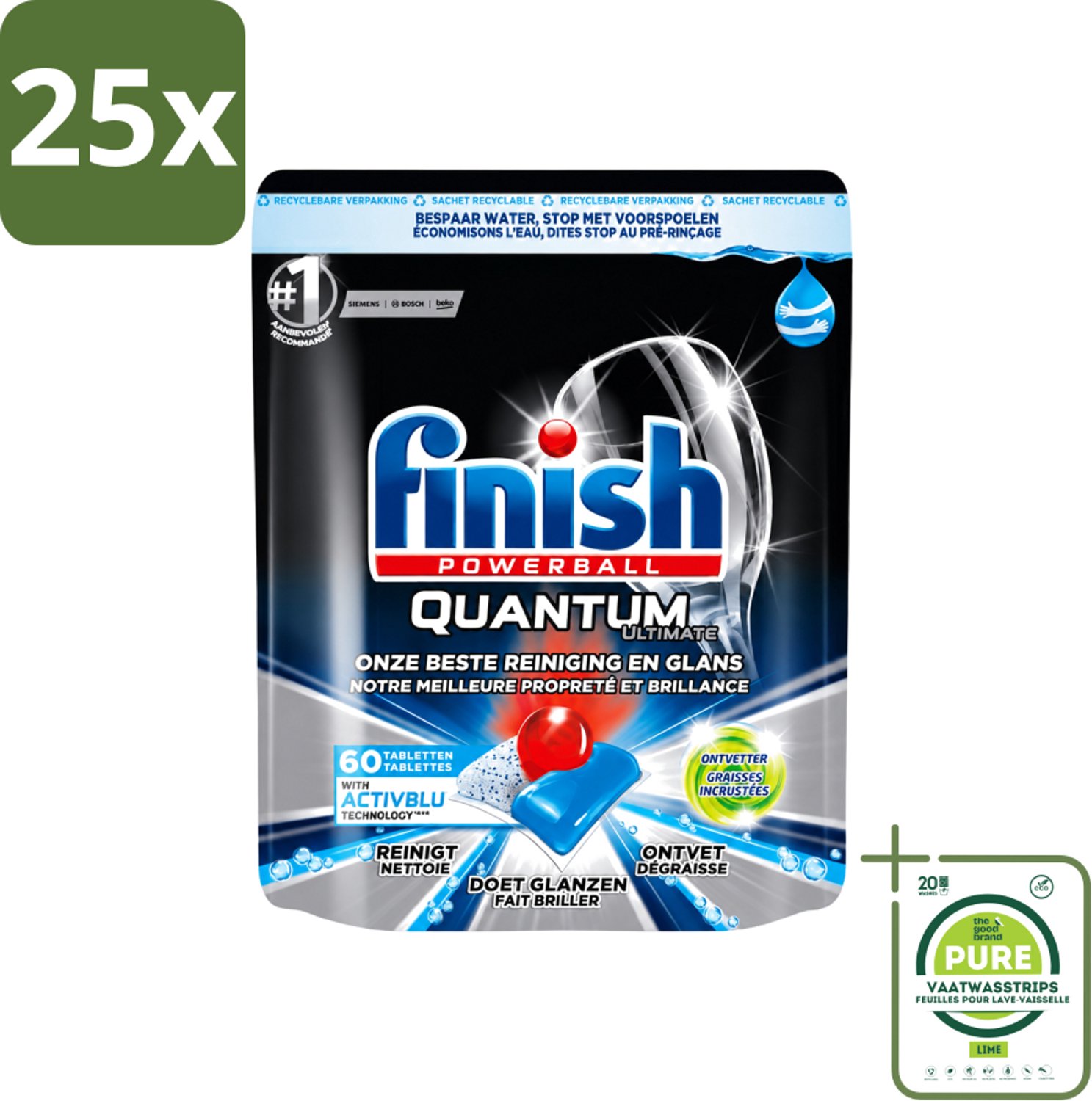 25 x Finish Powerball - Quantum Ultimate - Vaatwastabletten - Ontvetter - 60 Tabletten - Grootverpakking - Vaatwasstrips - Vaatwasmiddel - Vaatwastablet - Ontvetter - Vaat Reinigen - Vaatwasser