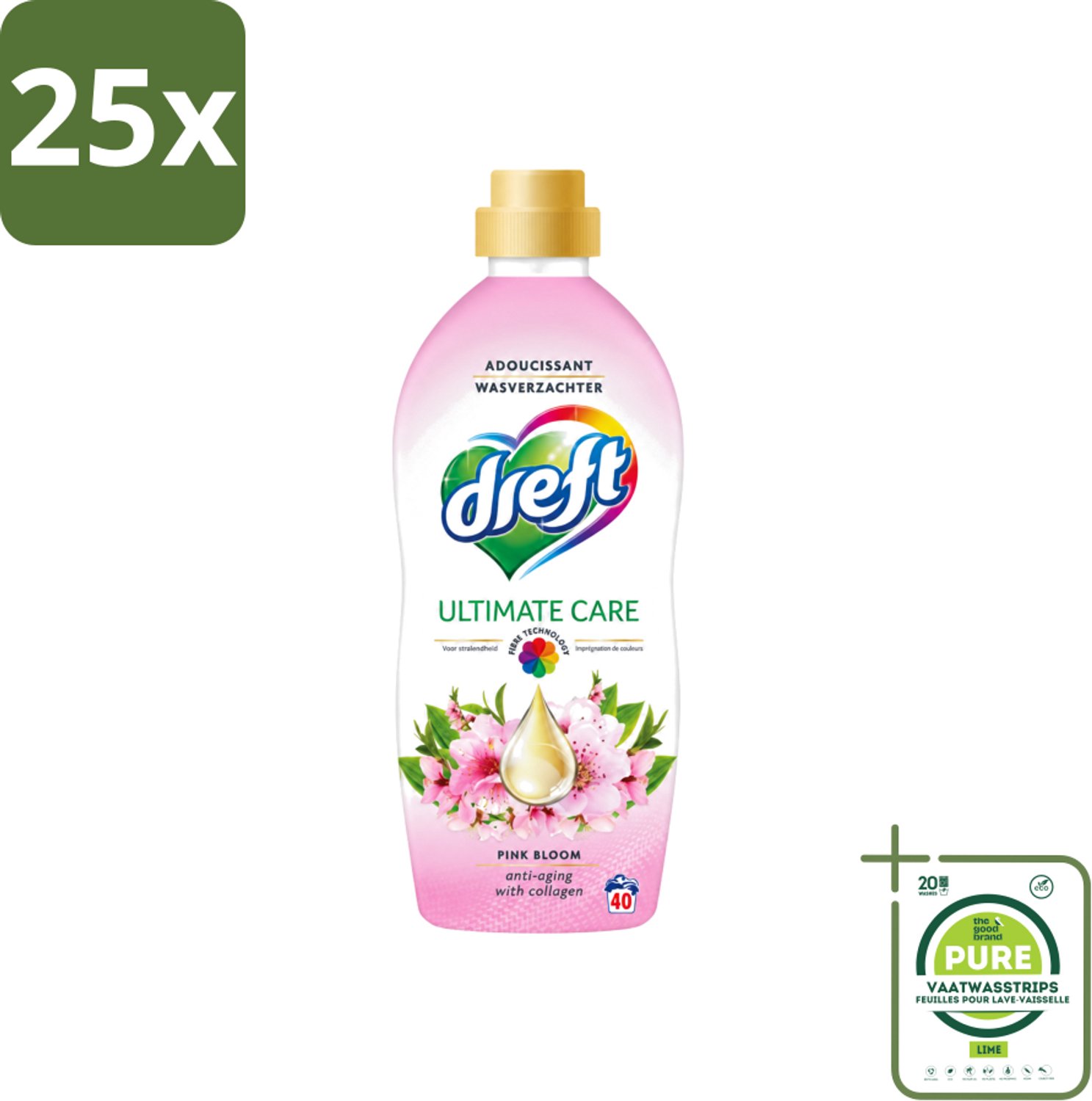 25 x Dreft - Ultimate Care - Wasverzachter - Roze Bloem - Anti-Veroudering - 40 Wasbeurten - Grootverpakking - Vaatwasstrips - Wasverzachter - Anti-aging - Kleurbescherming - Wasgoed Verzorging - Roze Bloem Geur