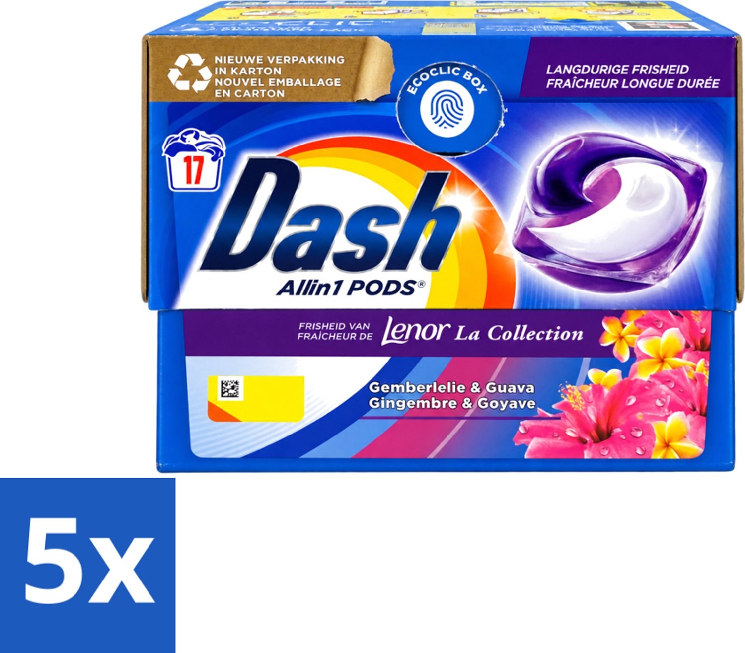 5 x Dash - Lenor Collectie - Wasmiddel Capsules - All-in-1 Pods - Witte en Gekleurde Was - Gemberlelie & Guava - 17 Wasbeurten - Voordeelverpakking - 5 stuks