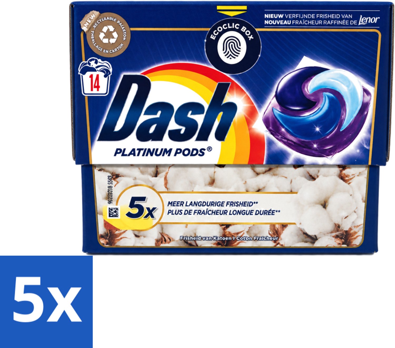 5 x Dash Platinum - Wasmiddel Capsules - Witte en Gekleurde Was - Frisheid van Katoen - 14 Wasbeurten - Voordeelverpakking - 5 stuks