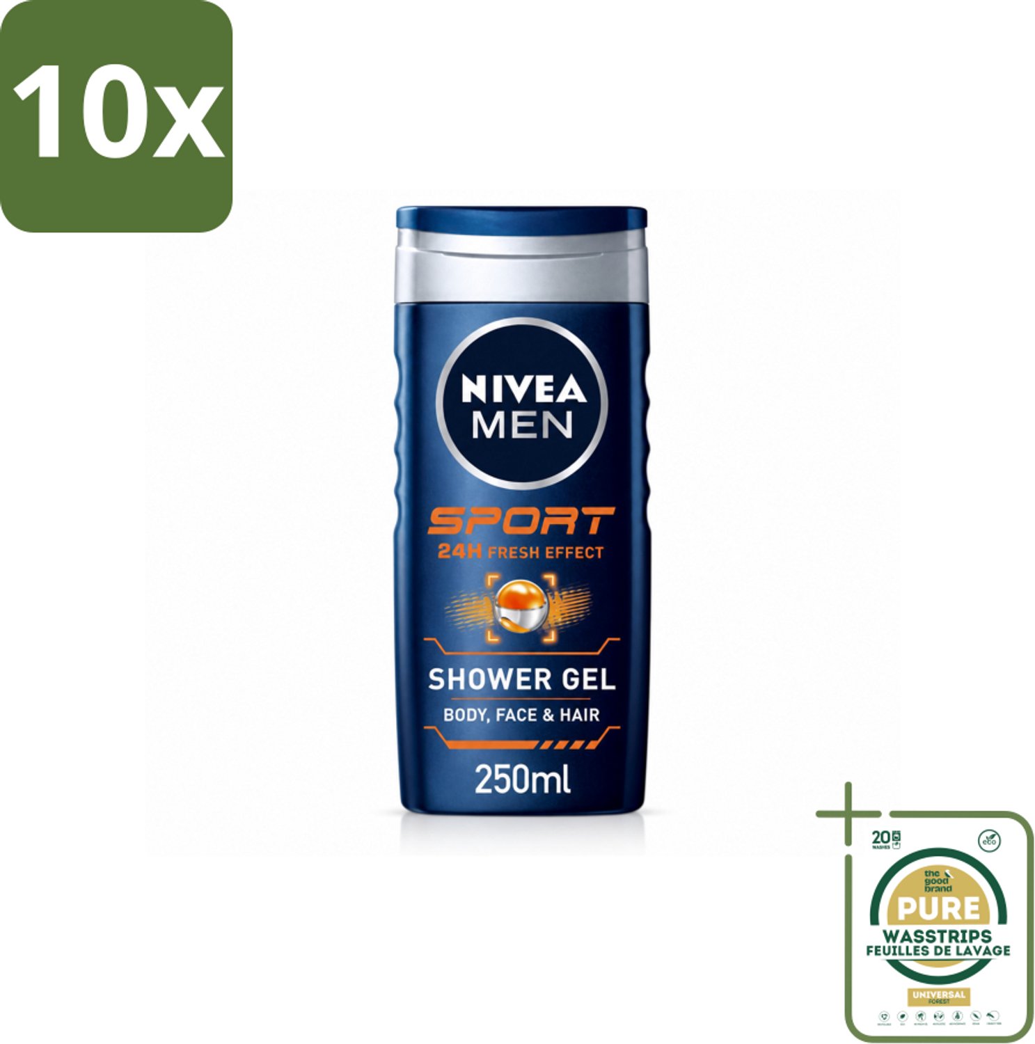 10 x NIVEA MEN – Douchegel – Sport – 250 ml - Wasstrips - Sportdouchegel - Fris Na Sporten - Verkoelend Na Inspanning - Sportgeur - Huid En Haar Verzorging