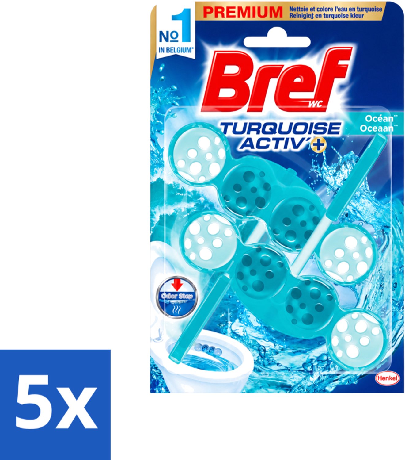 5 x Bref WC - Turquoise Activ+ - Toiletblok - Oceaan - 2 Blokken - Voordeelverpakking - 5 stuks