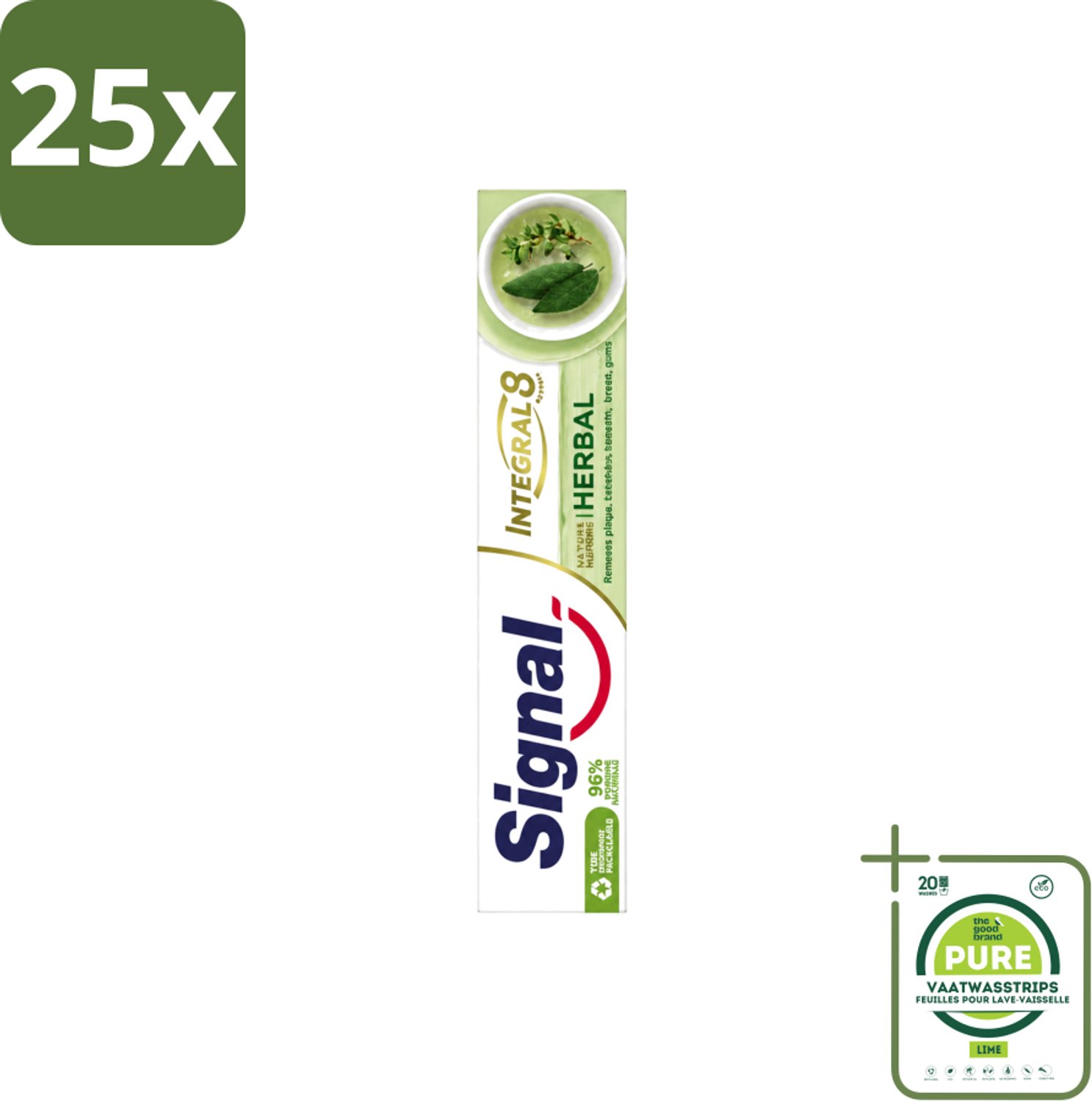25 x Signal - Integral & Actions - Tandpasta - Natuurlijke Kruiden - Gerecyclede Verpakking - 75 ml - Grootverpakking - Vaatwasstrips - Tandpasta - Natuurlijke Kruiden - Fluoride - Tandbederf - Tandplak