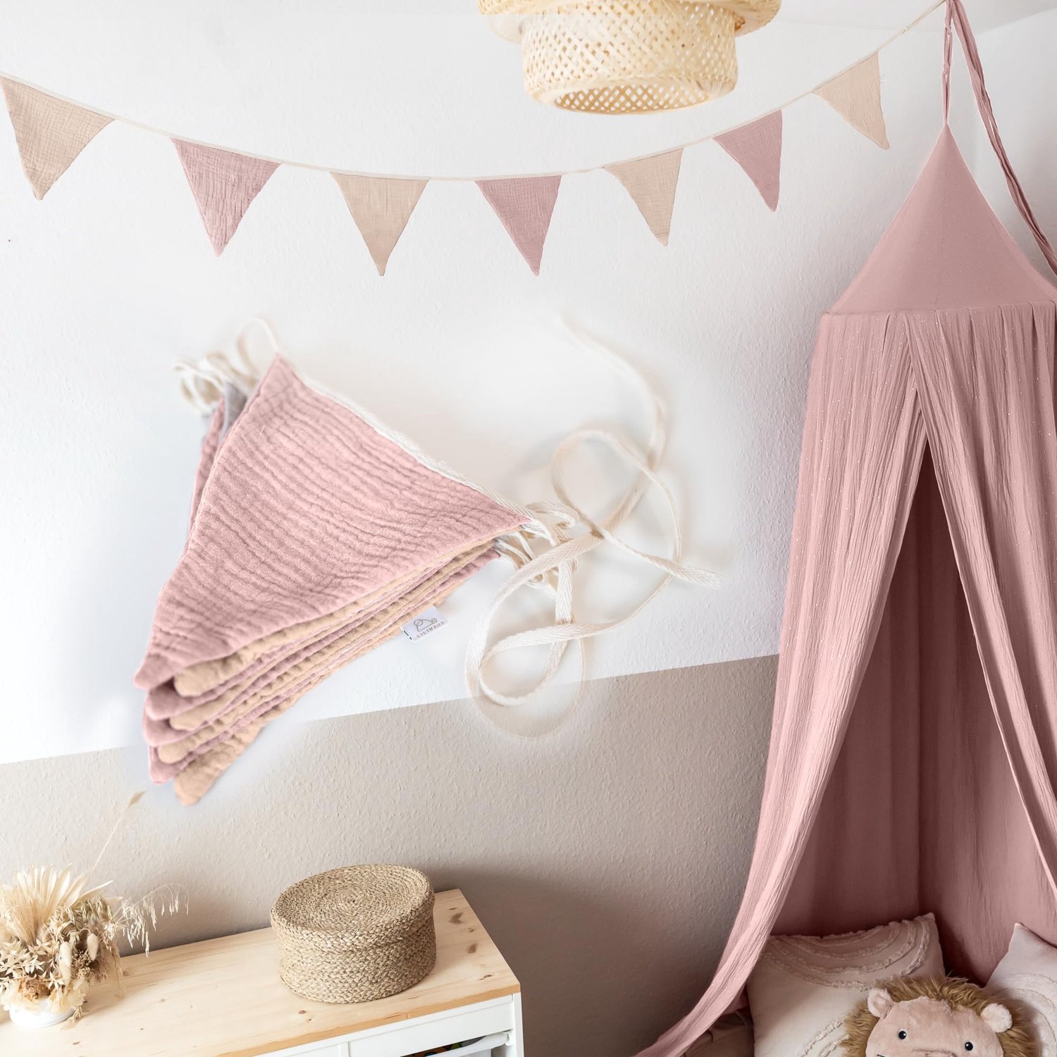 LILIMAUS Vlaggenlijn stof kinderkamer - stoffen slinger van mousseline katoen - 300 cm - roze en poederroze