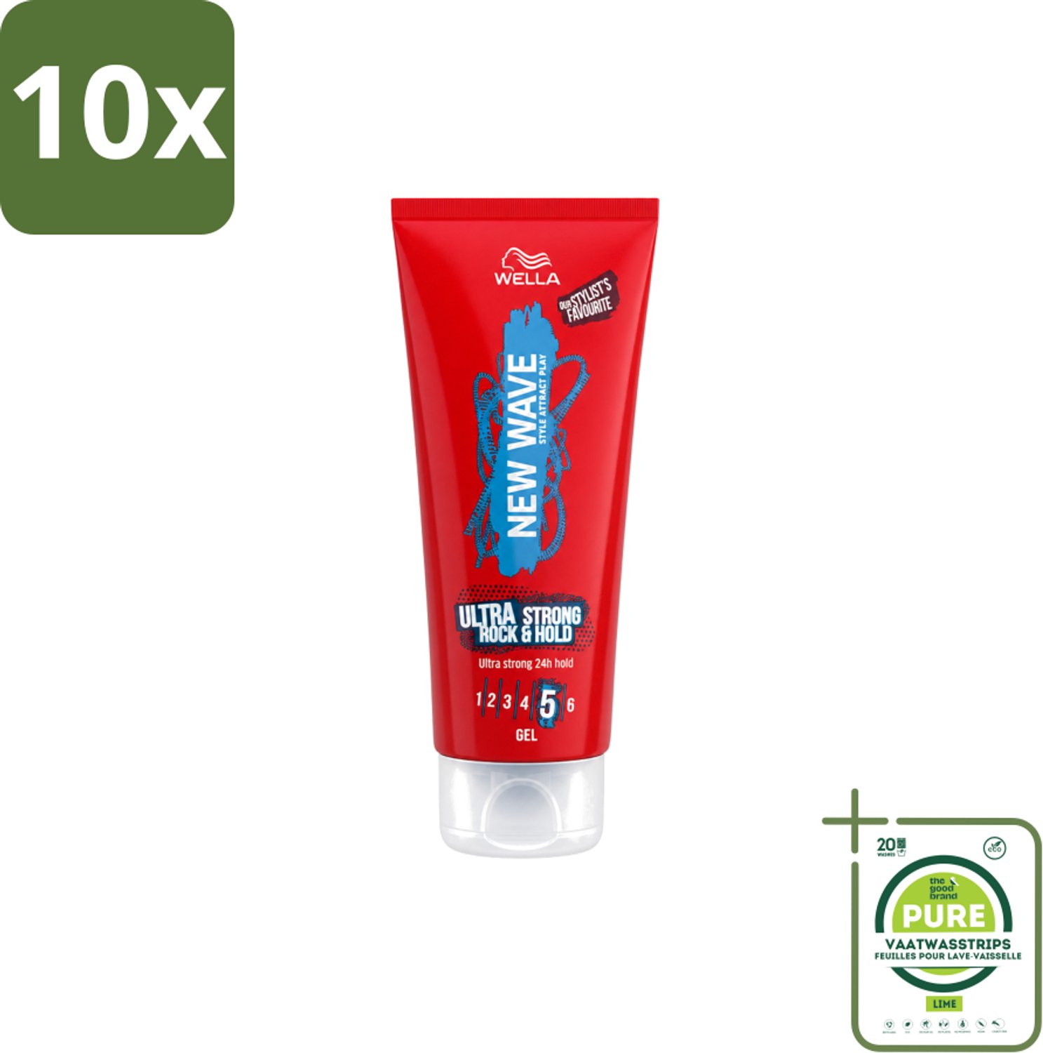 10 x Wella – New Wave Rock’n Hold Ultra Strong – Haargel – 200 ml - Grootverpakking - Vaatwasstrips - Haartype - Styling - Volume - Definitie - Krullen