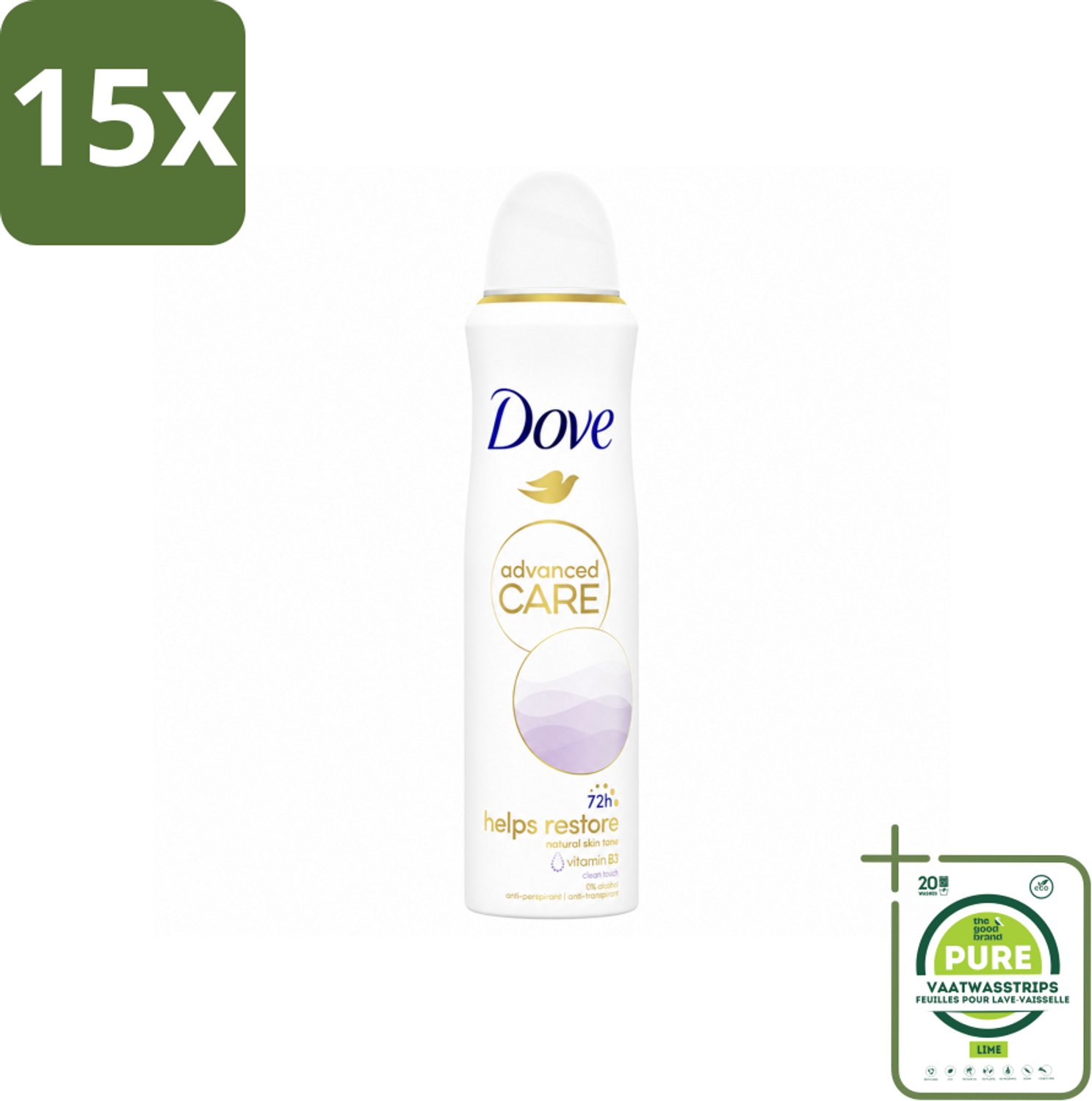 15 x Dove – Deodorant Spray – Clean Touch – 150 ml - Grootverpakking - Vaatwasstrips - Anti-transpirant - Deodorant Spray - Zweetbestendig - Geurbestendig - Huidverzorgend