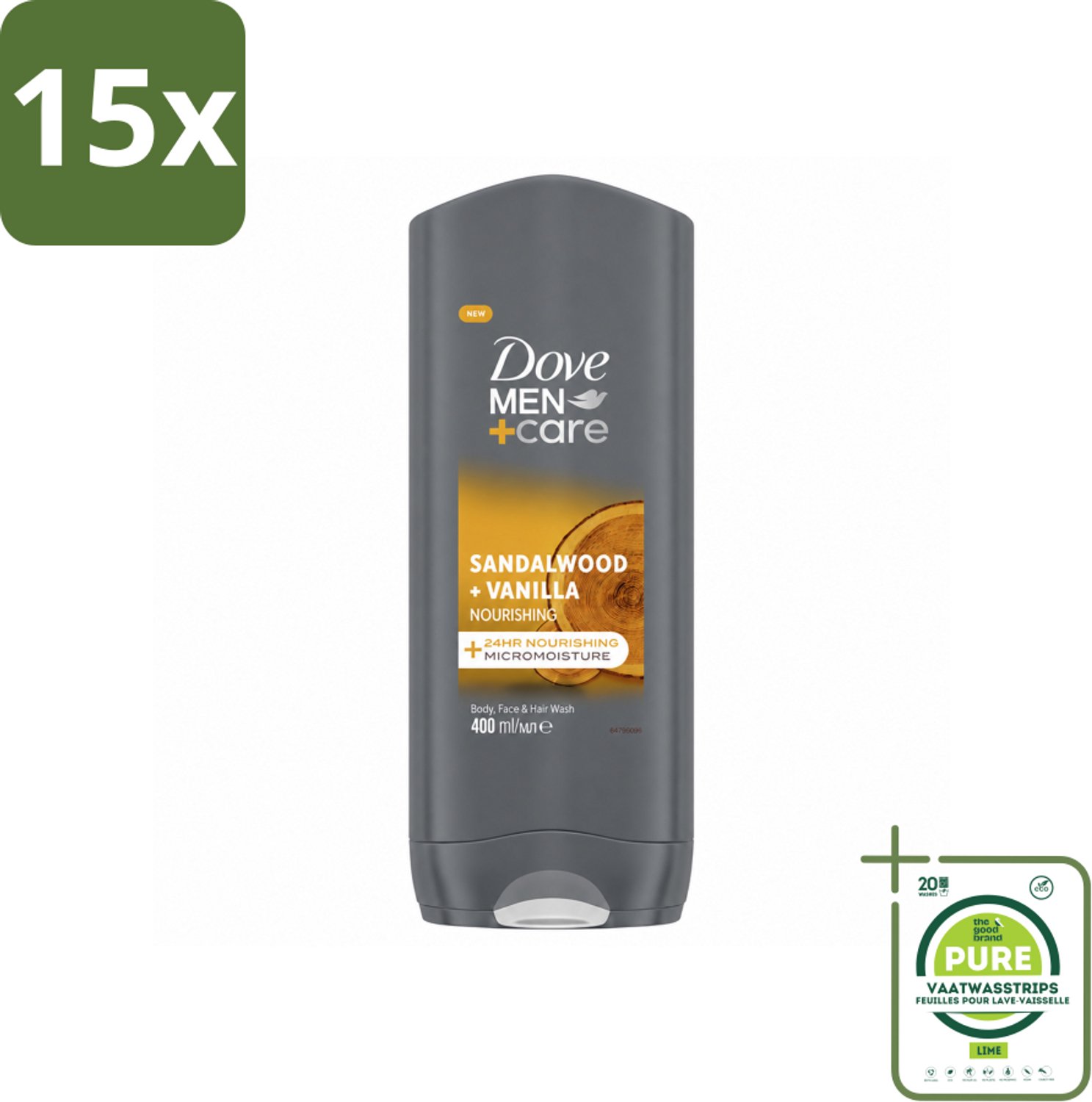 15 x Dove – Douchegel – Men+Care Sandalwood & Vanilla – 400 ml - Grootverpakking - Vaatwasstrips - Douchegel Mannen - Reiniging Mannenhuid - Hydraterende Douchegel - Sandelhout Geur - Vanille Geur