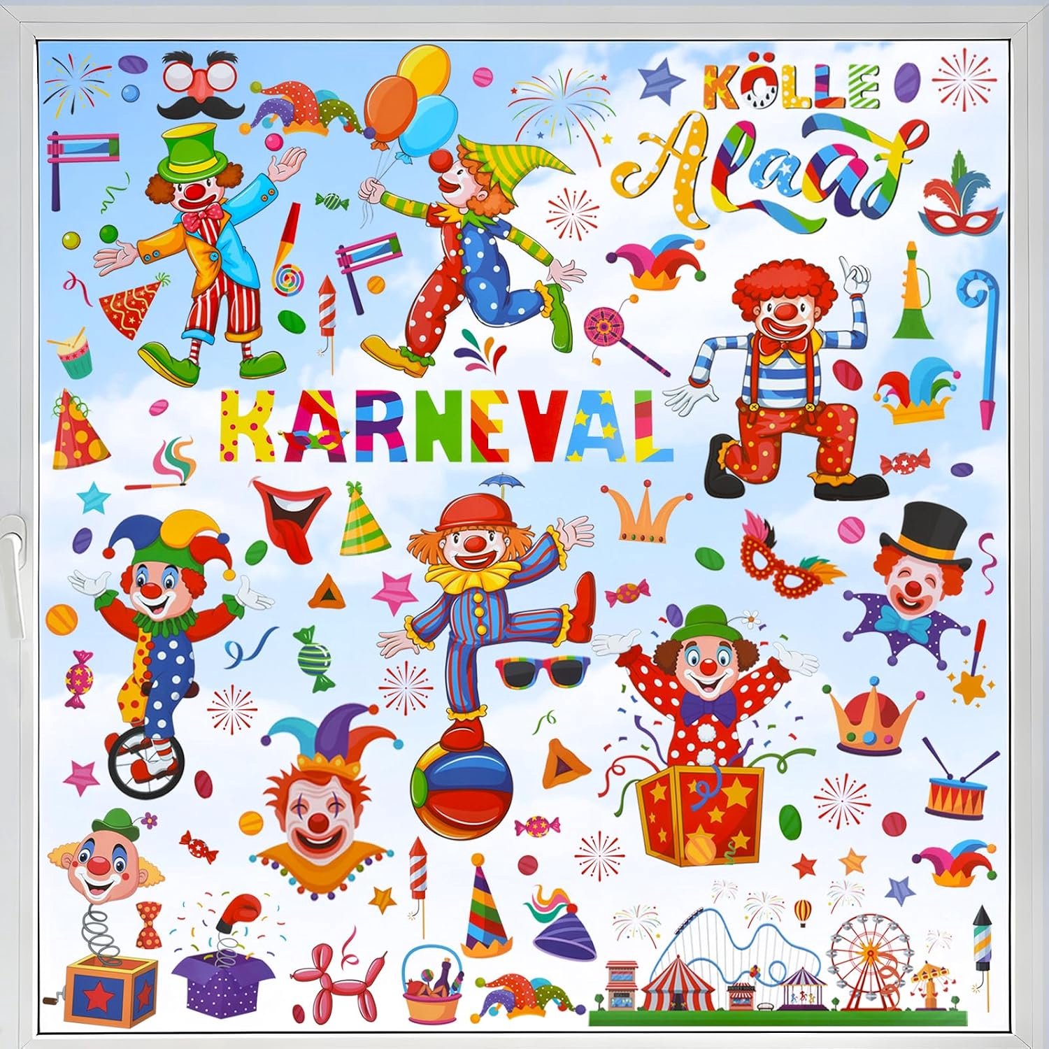 Raamstickers, carnaval, clown, circus, zelfklevende raamstickers, carnaval voor kamer, etalage, kinderkamer (B)