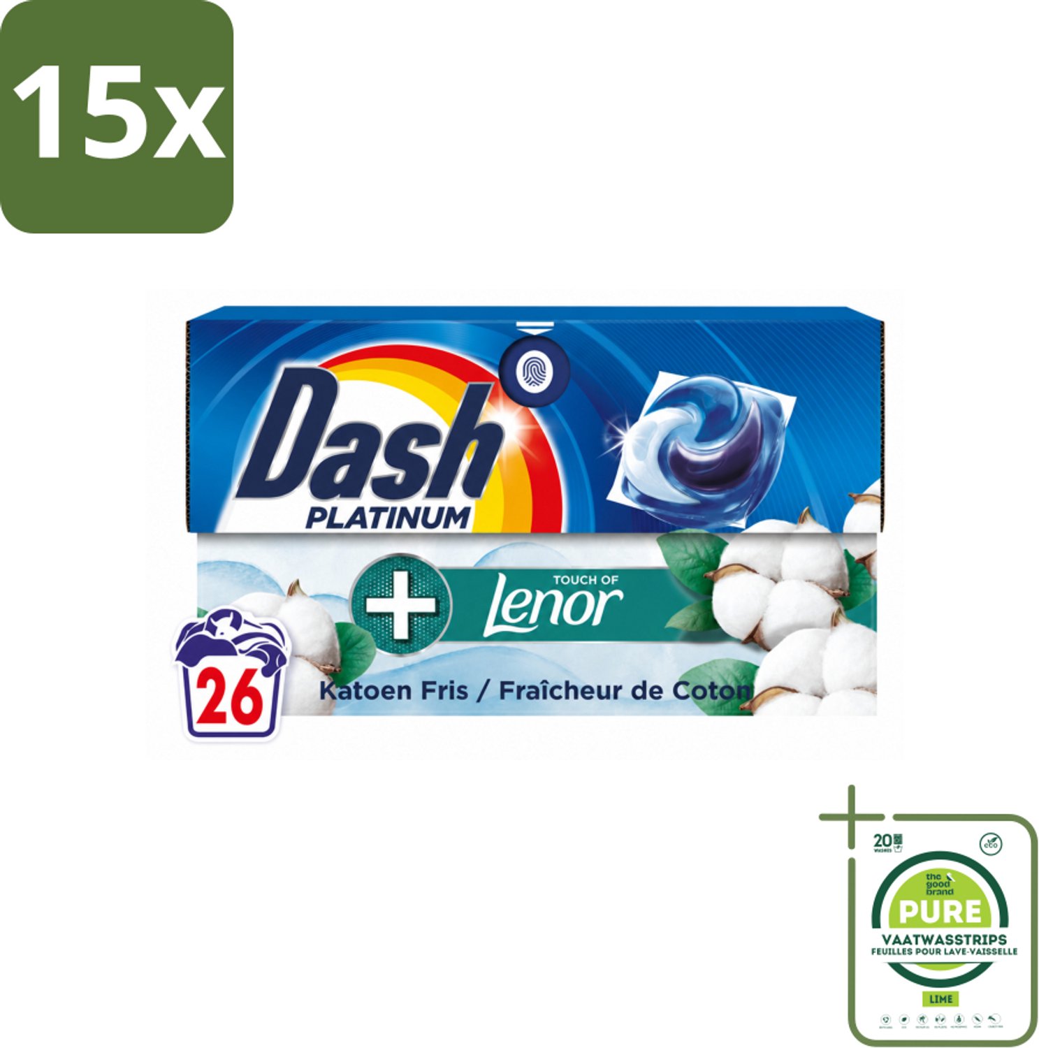 15 x Dash – Wasmiddelcapsules – 4in1 Pods Katoen Fris – 26 capsules - Grootverpakking - Vaatwasstrips - Wasmiddel - Wascapsules - Katoengeur - Reiniging - Vlekverwijdering
