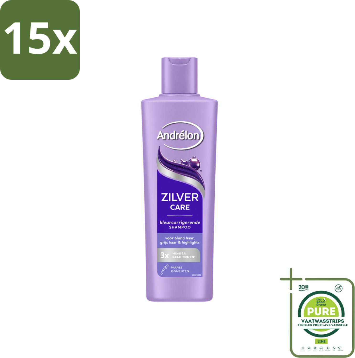 15 x Andrélon – Shampoo – Zilver Care – 250 ml - Grootverpakking - Vaatwasstrips - Zilver Care Shampoo - Koele Haarkleur - Kleurcorrectie - Gele Tonen - Koperkleurige Tonen