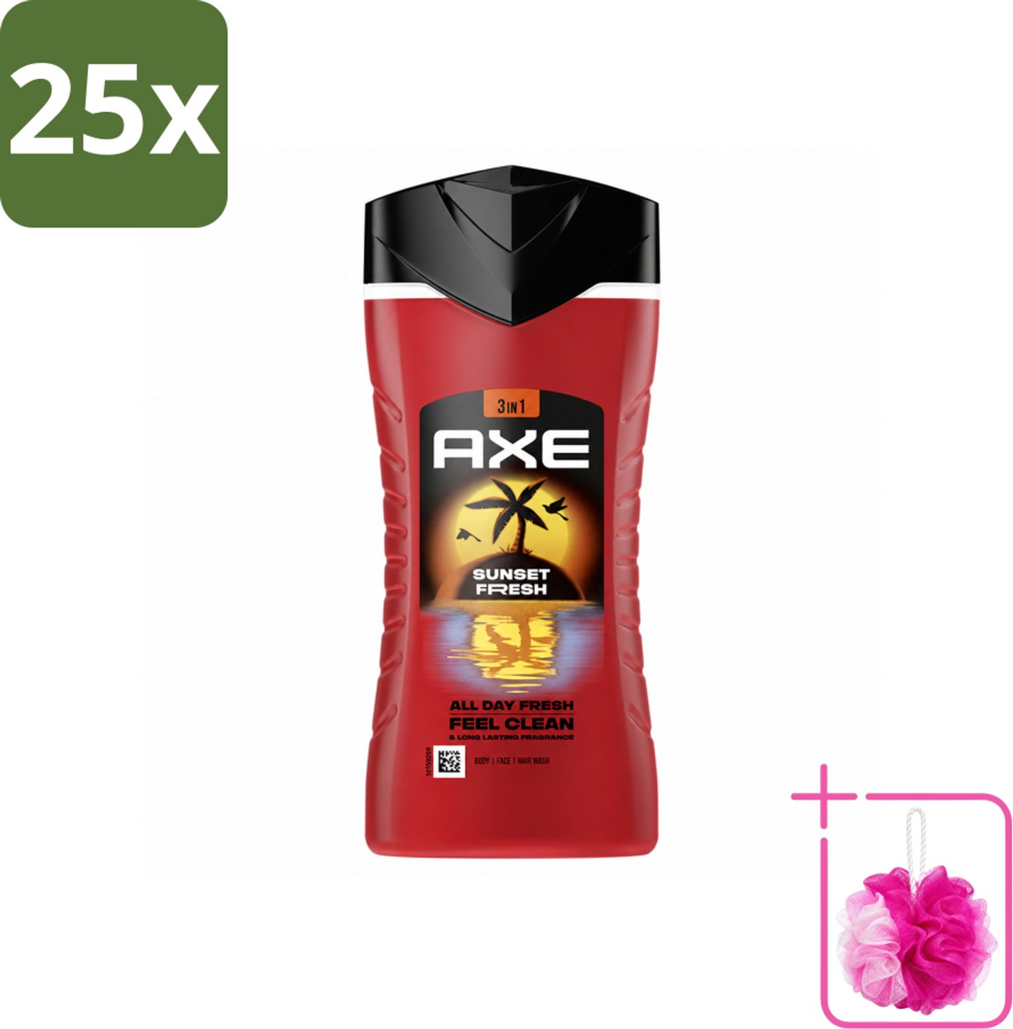 25 x Axe – Douchegel 3-in-1 – Sunset Fresh – 250 ml - Bulkverpakking - Douchegel - Douchemop - Frisheid
