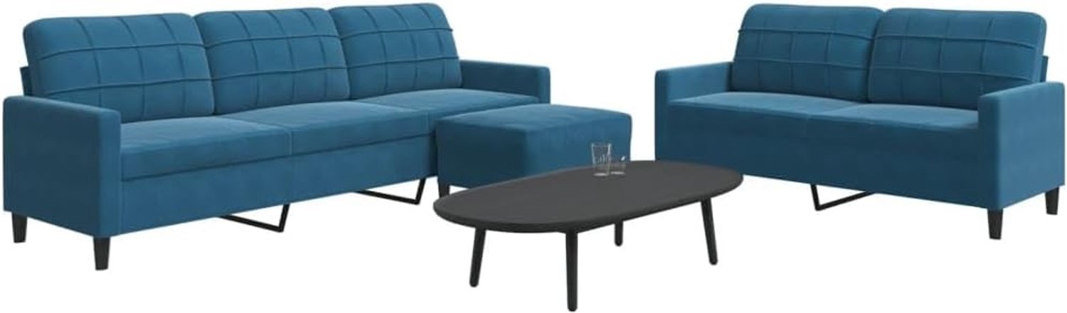 3-delige bankset met kussen, blauw fluweel, zacht velours materiaal en robuust metalen frame voor maximaal comfort, veelzijdige kruk als zitgelegenheid of voetensteun