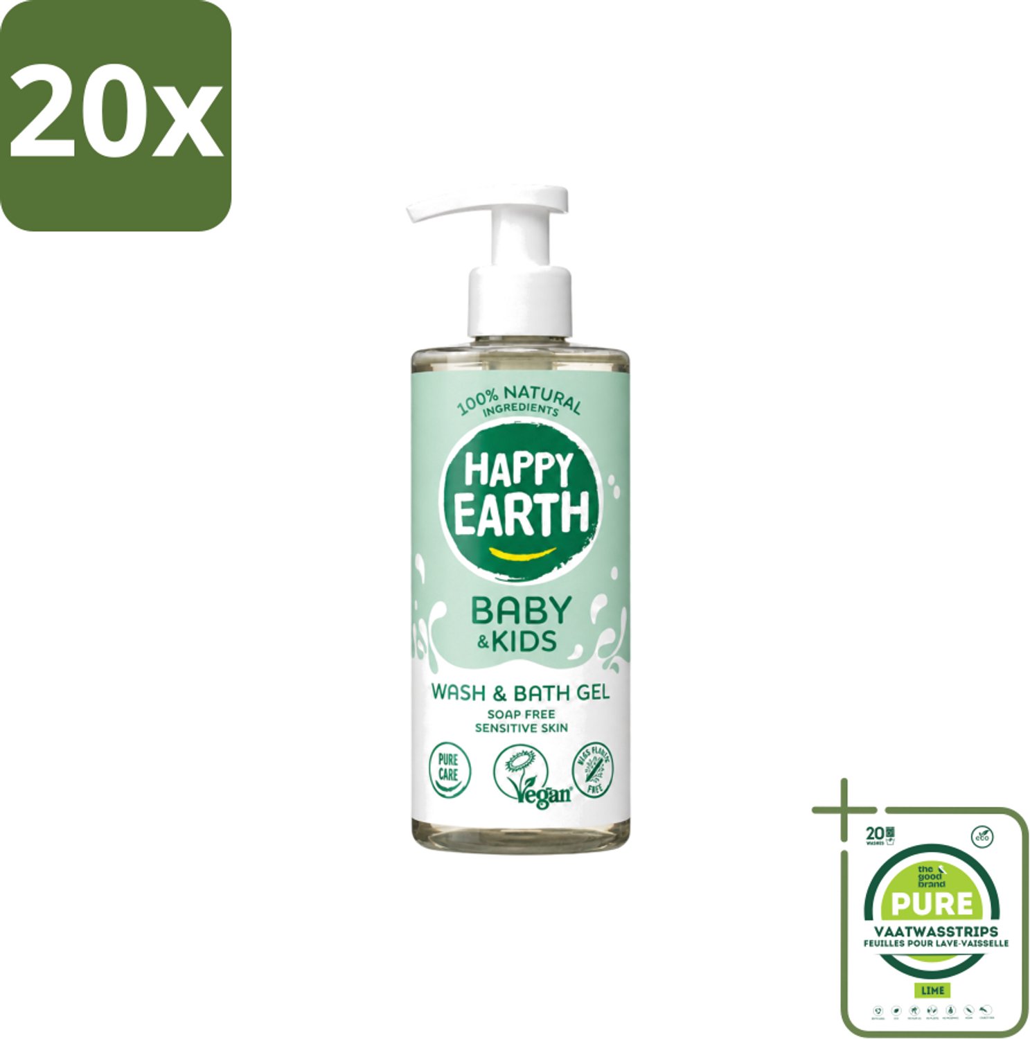 20 x Happy Earth – Was & Badgel – Zeepvrij Baby & Kids – 300 ml - Grootverpakking - Vaatwasstrips - Wasgel - Huidverzachter - Babywasgel - Natuurlijke Wasgel - Allergeenvrije Wasgel