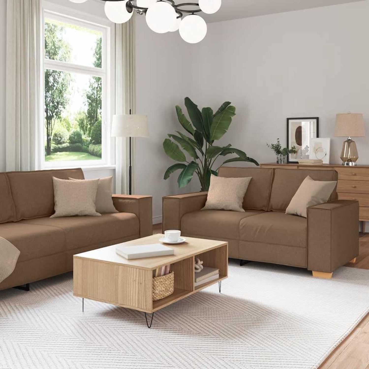 2-delig. Bankset met kussen bruine stof, zacht polyesterweefsel, robuust houten en metalen frame, brede armleuningen, dikke bekleding voor woonkamer en kantoor, comfortabel