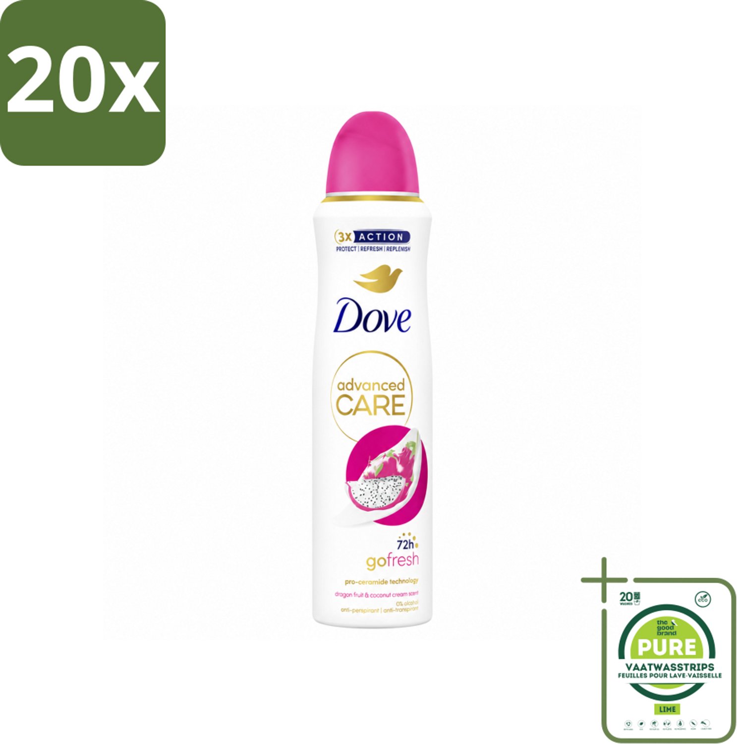 20 x Dove – Deodorant Spray – Dragon Fruit & Coconut Cream – 150 ml - Grootverpakking - Vaatwasstrips - Anti-transpirant Spray - Zweetvermindering - Geur Van Dragon Fruit - Kokosnootcrème - Huidverzorging