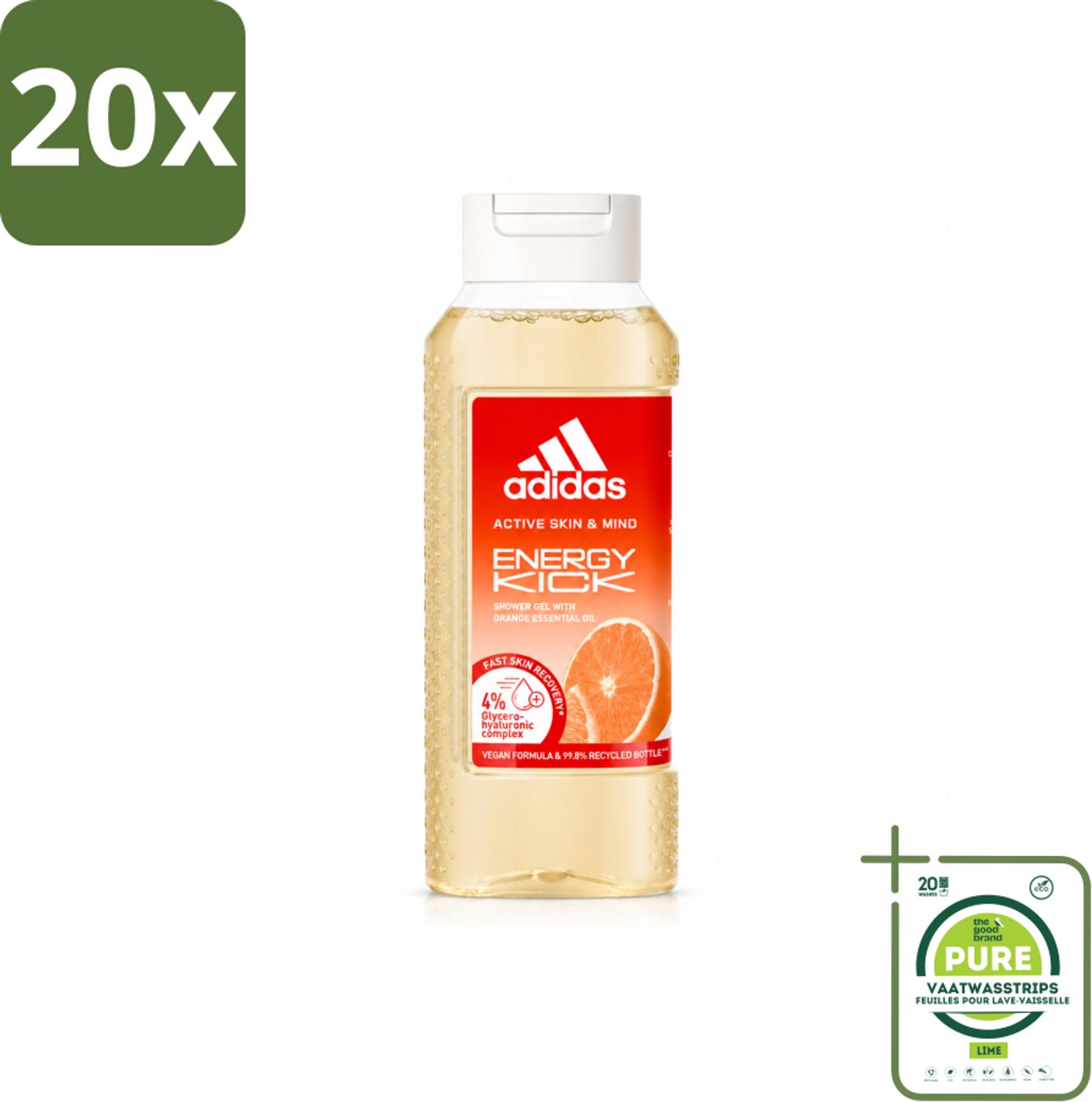 20 x Adidas – Douchegel – Active Skin & Mind Energy Kick – 250 ml - Grootverpakking - Vaatwasstrips - Energie - Sport - Energieboost - Douchegel - Activiteit